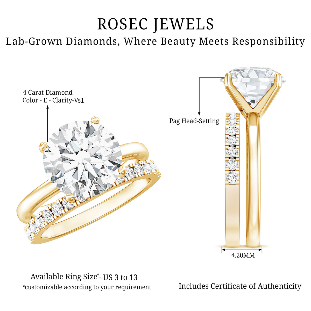 IGI Graded 4 Carat Lab Diamond Round Engagement Ring with Enhancer Lab - ( E-VS1 ) - Rosec Jewels