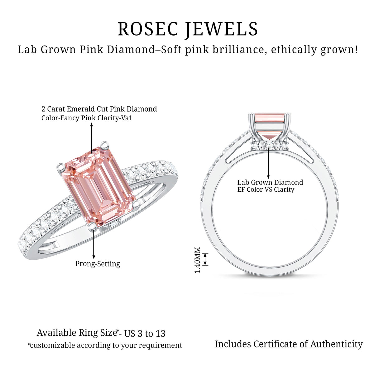 Lab Grown 2 Carat Pink Diamond Emerald Cut Engagement Ring IGI Verified Fancy Pink - VS1 - Rosec Jewels