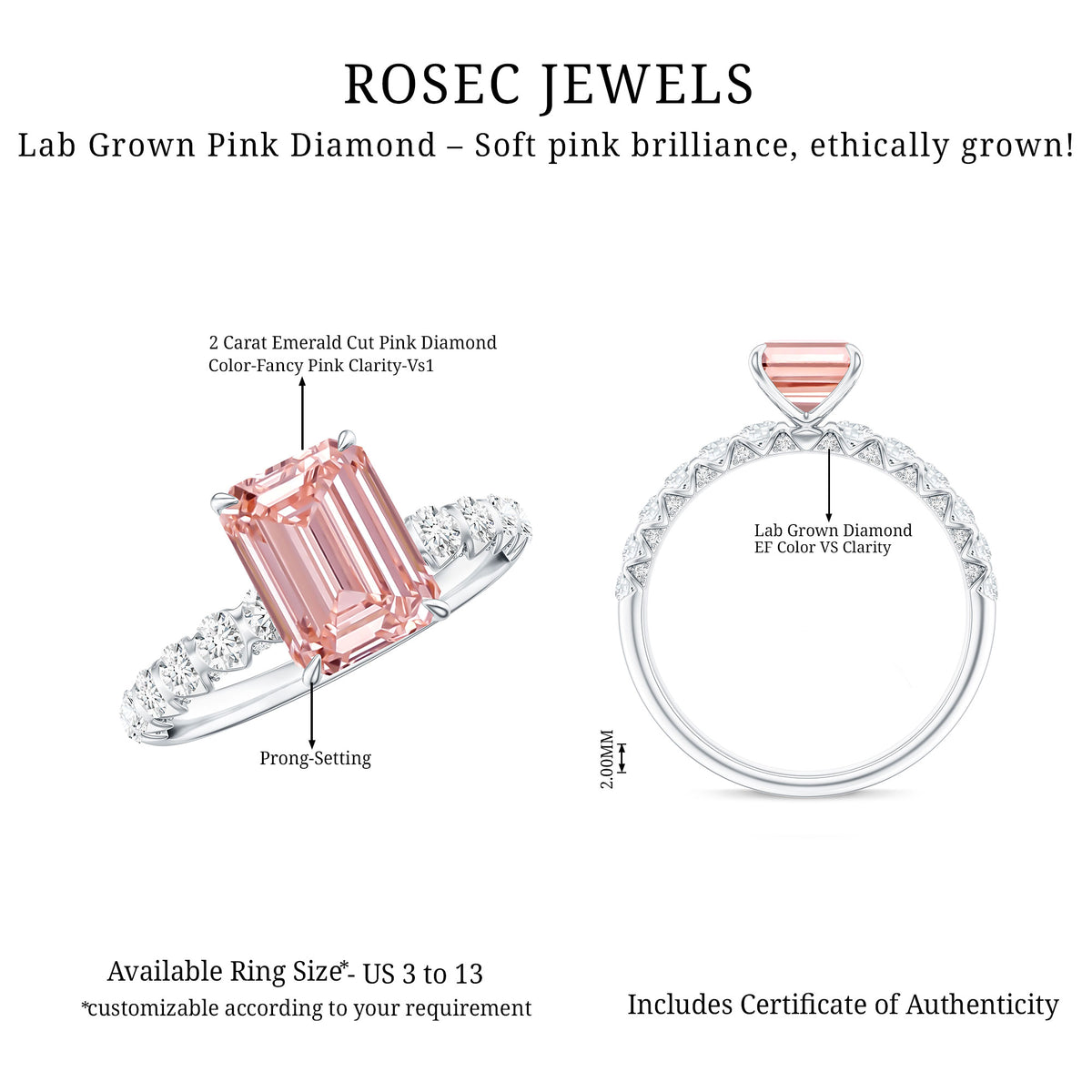 Rosec Jewels-IGI Verified 2 Carat Lab Grown Pink Diamond Side Stone Engagement Ring