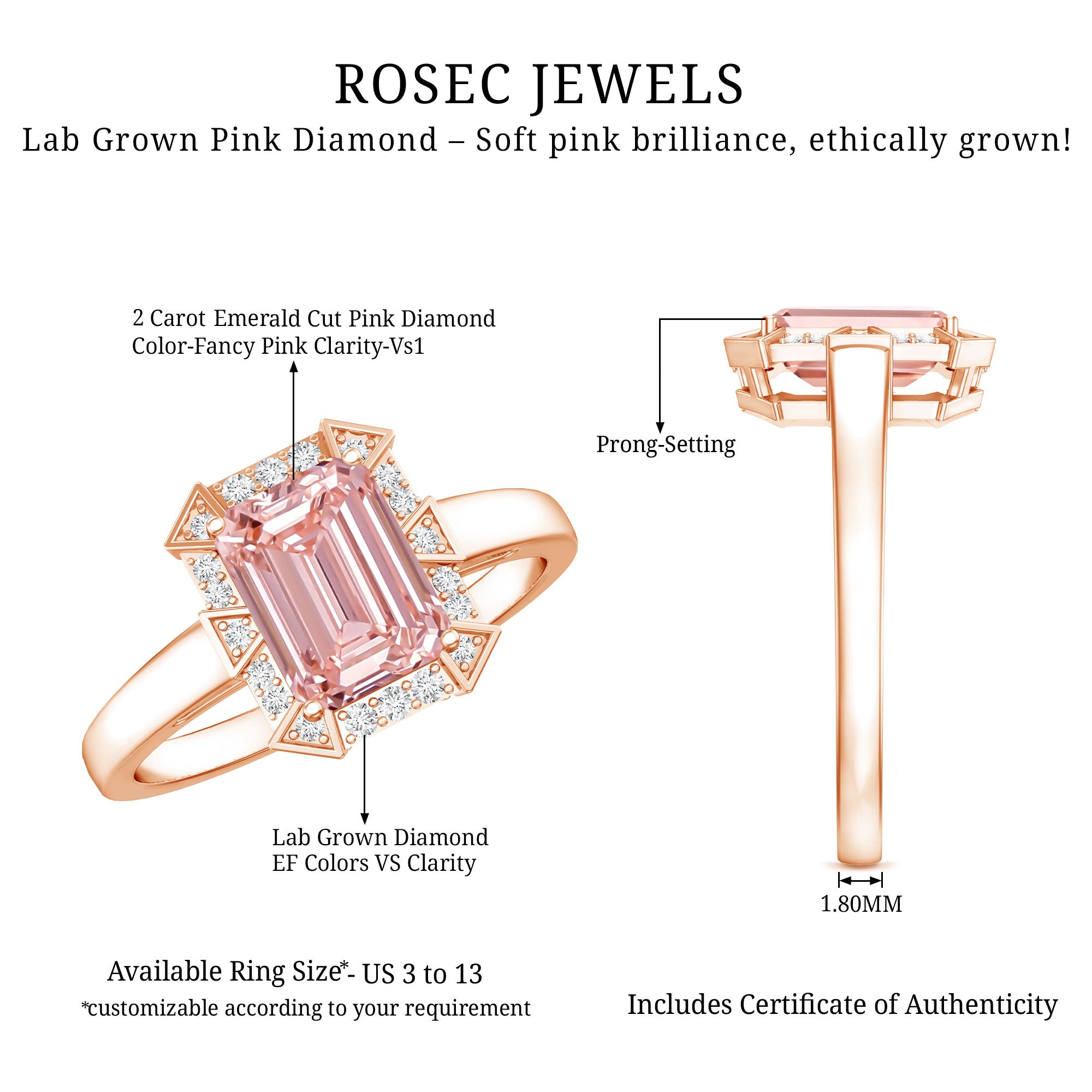 Rosec Jewels-Emerald Cut 2 Carat Lab Grown Pink Diamond Vintage Engagement Ring with IGI Certificate