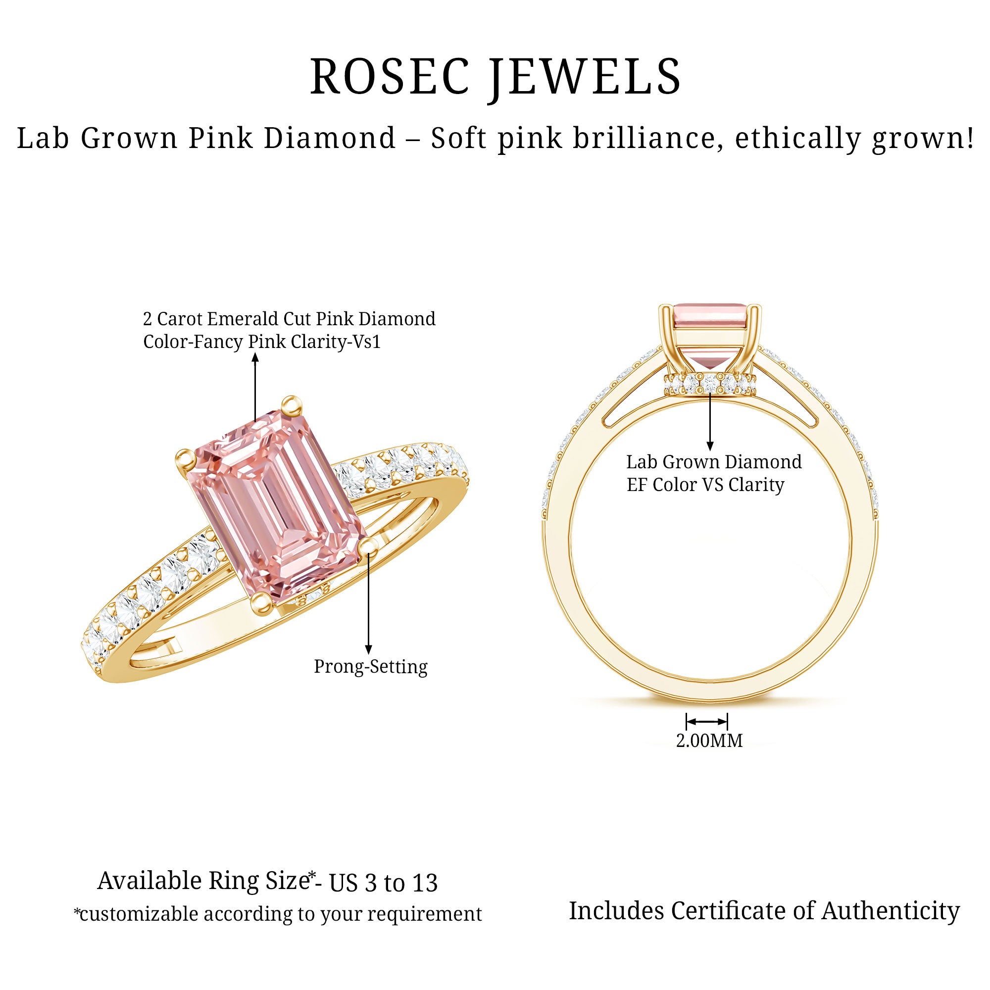 Rosec Jewels-IGI Graded 2 Carat Lab Pink Diamond Emerald Cut Engagement Ring with Hidden Halo