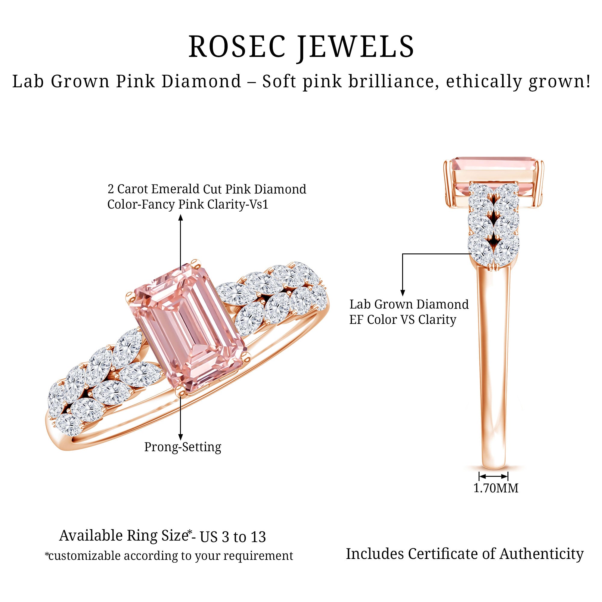 Rosec Jewels-2 Carat IGI Graded Lab Grown Pink White Diamond Engagement Ring with Split Shank