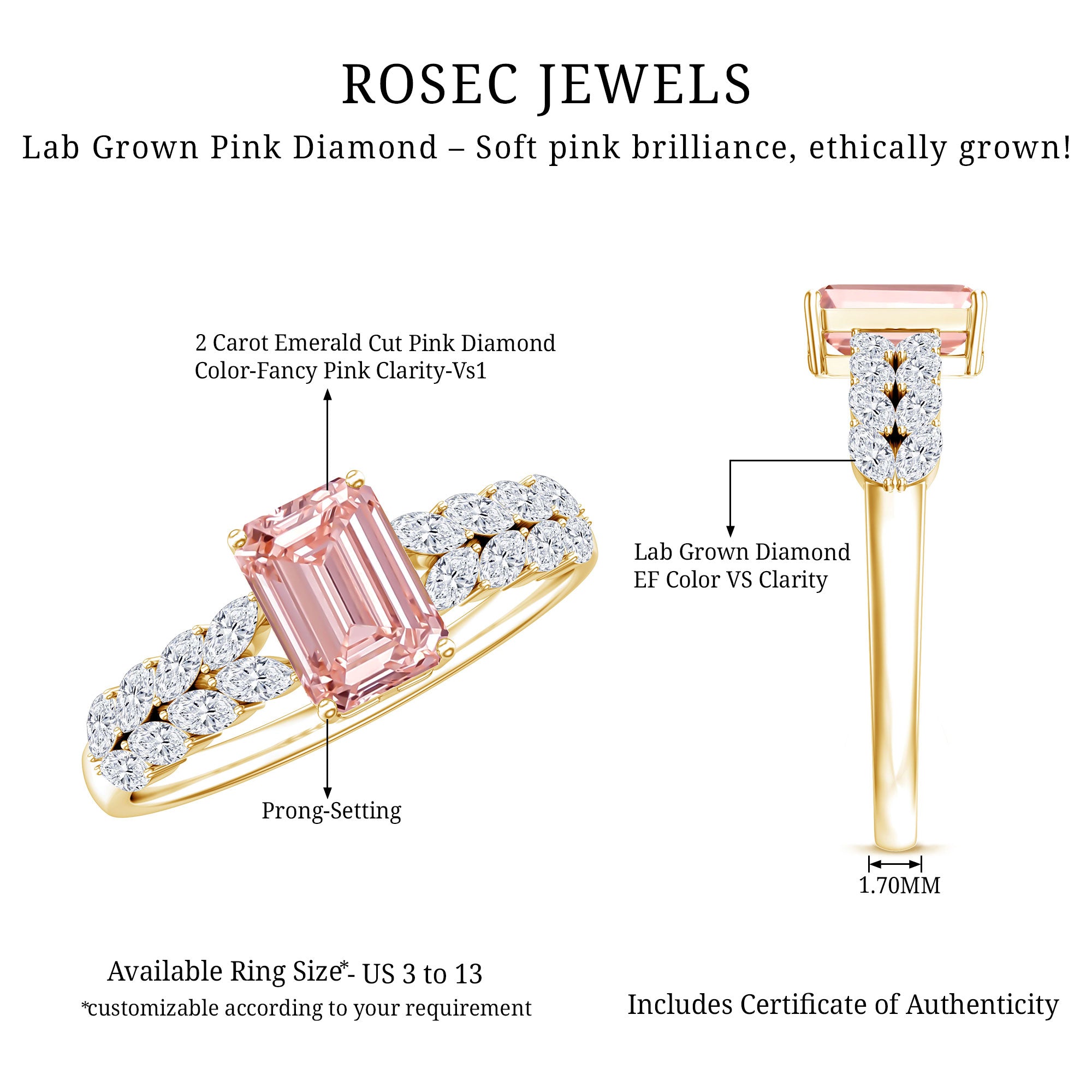 Rosec Jewels-2 Carat IGI Graded Lab Grown Pink White Diamond Engagement Ring with Split Shank