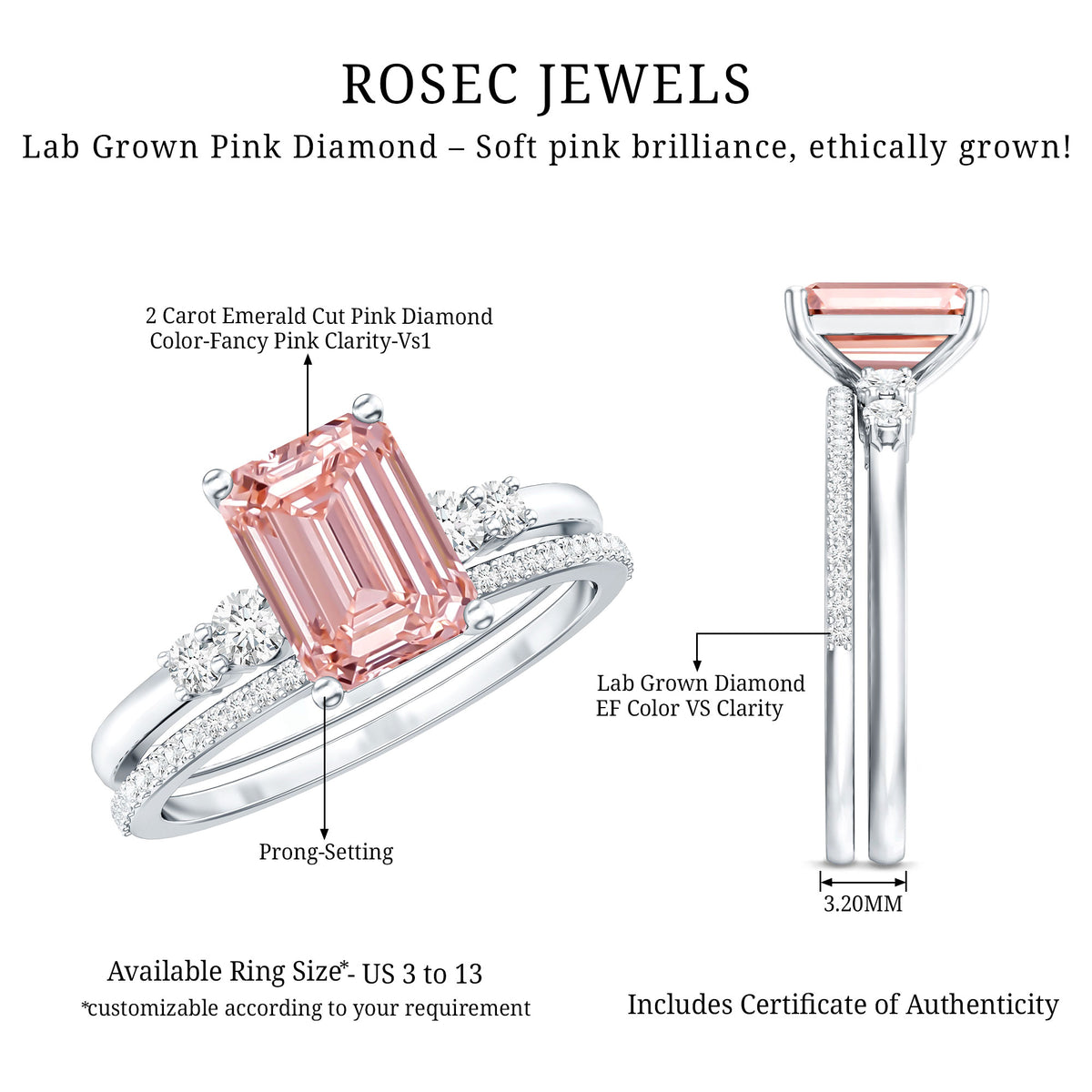 Rosec Jewels-2 Carat Emerald Cut Lab Pink Diamond Engagement Ring Set with IGI Certificate