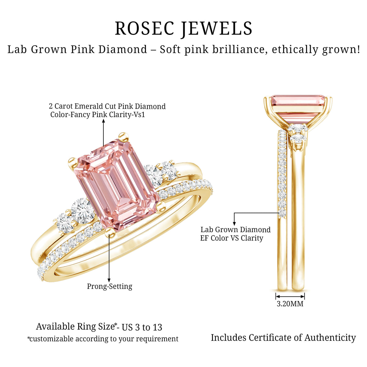 Rosec Jewels-2 Carat Emerald Cut Lab Pink Diamond Engagement Ring Set with IGI Certificate