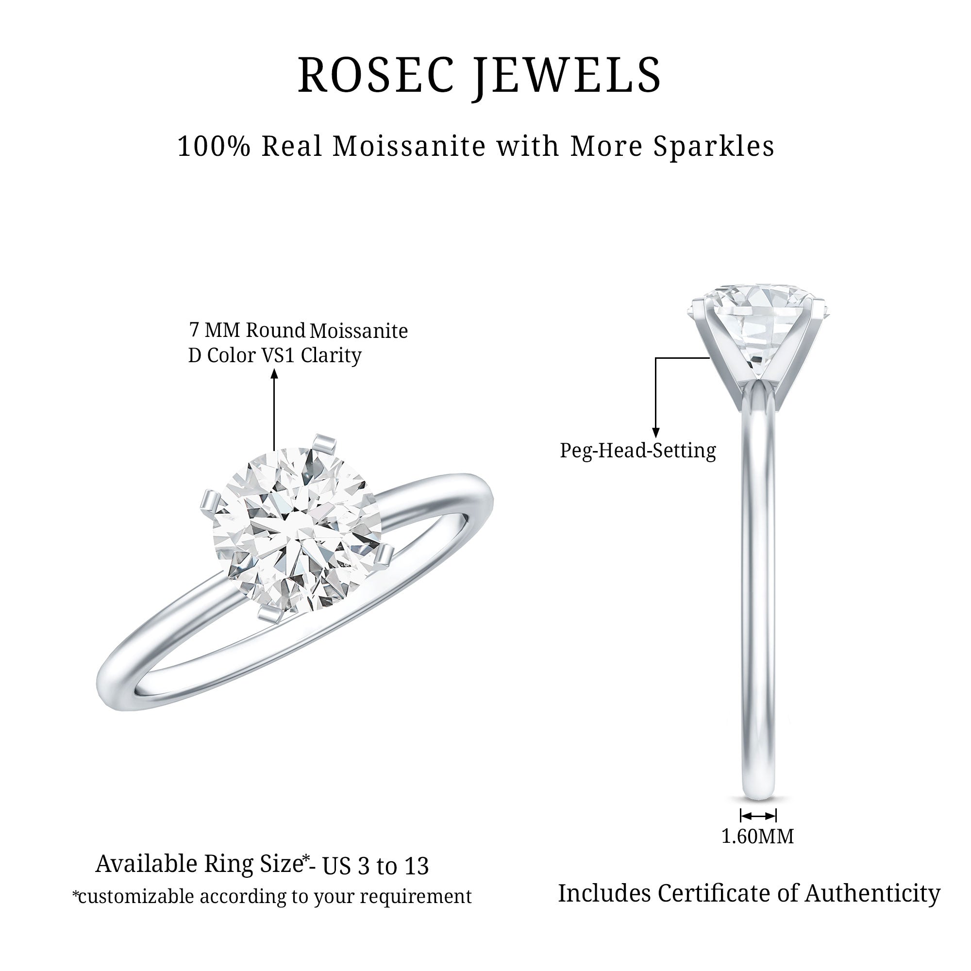 Peg Headset Solitaire Moissanite Ring for Women D-VS1 - Rosec Jewels