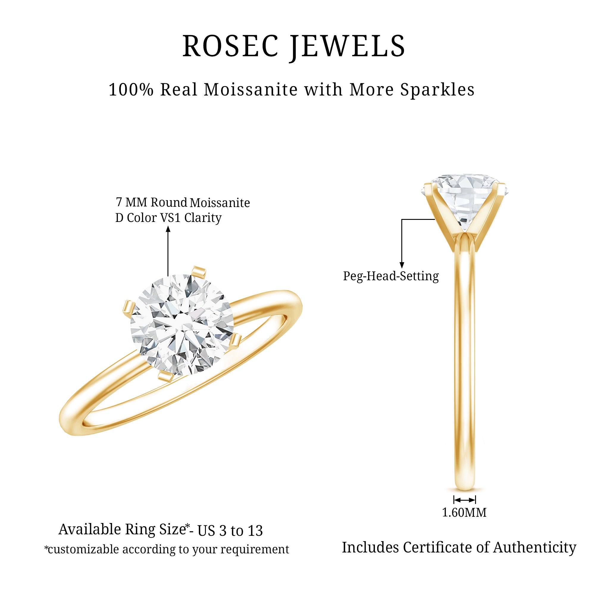 Peg Headset Solitaire Moissanite Ring for Women D-VS1 - Rosec Jewels