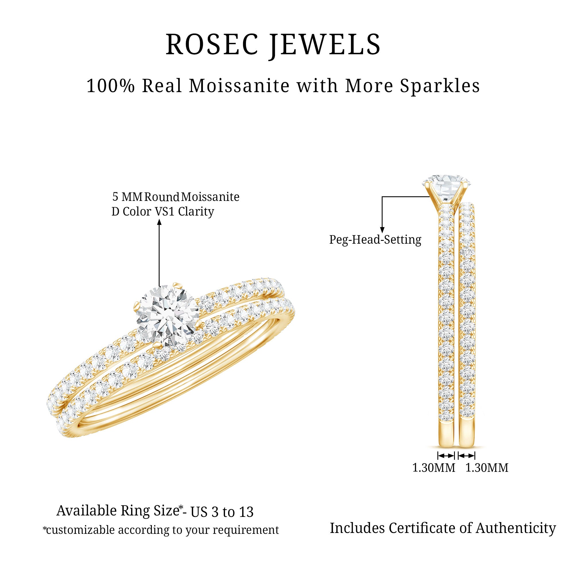Rosec Jewels-Round Cut Moissanite Engagement Ring with Eternity Band