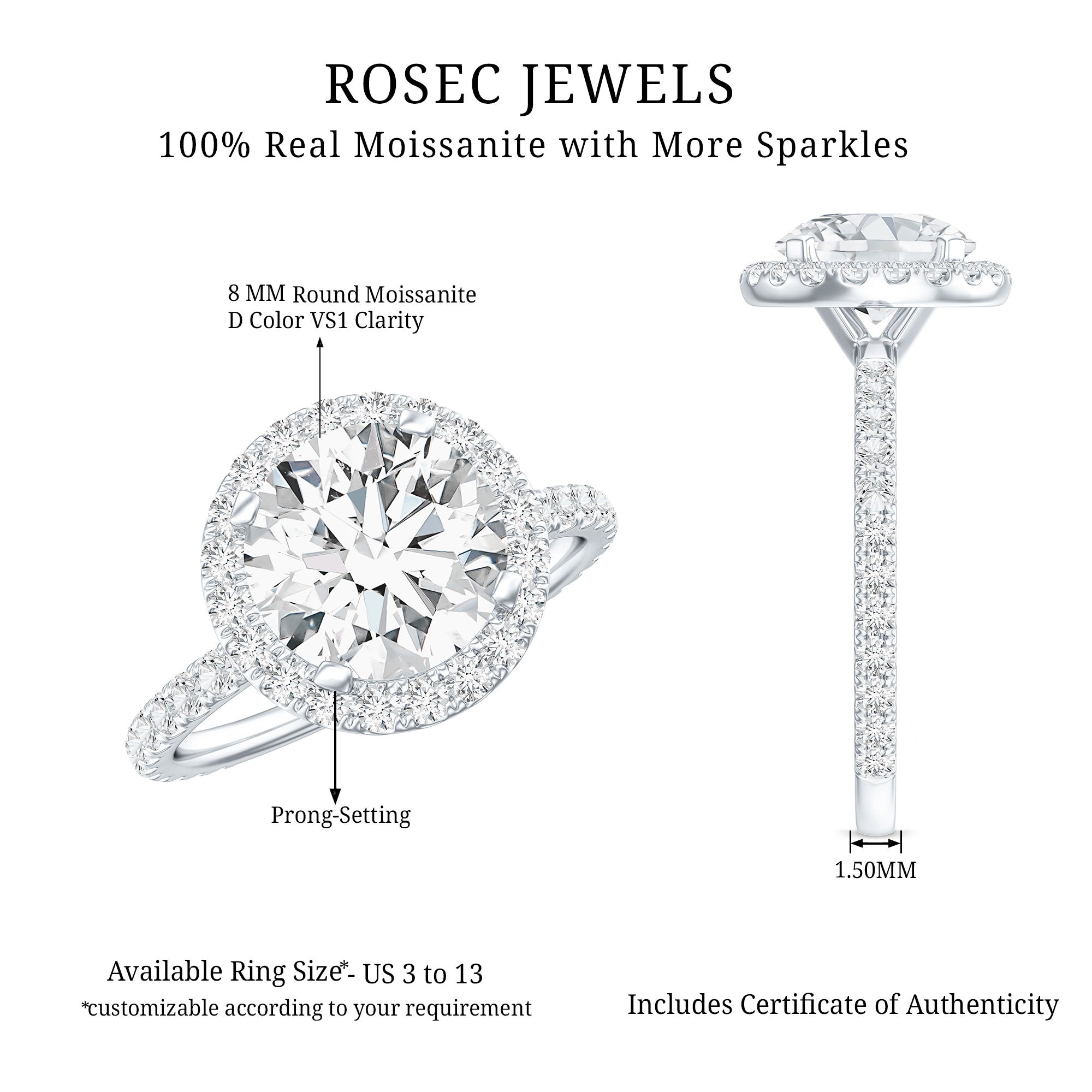 Brilliant Cut Moissanite Classic Halo Engagement Ring D-VS1 - Rosec Jewels