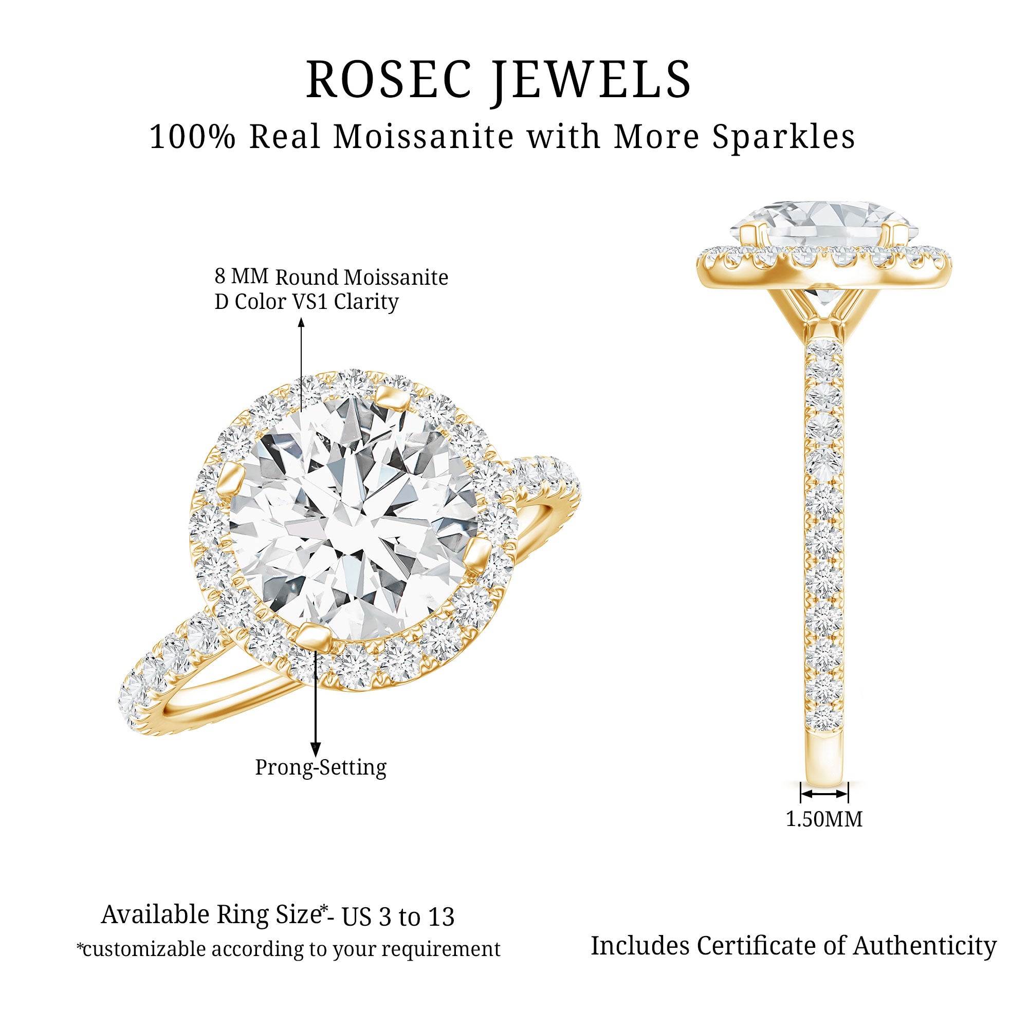 Brilliant Cut Moissanite Classic Halo Engagement Ring D-VS1 - Rosec Jewels