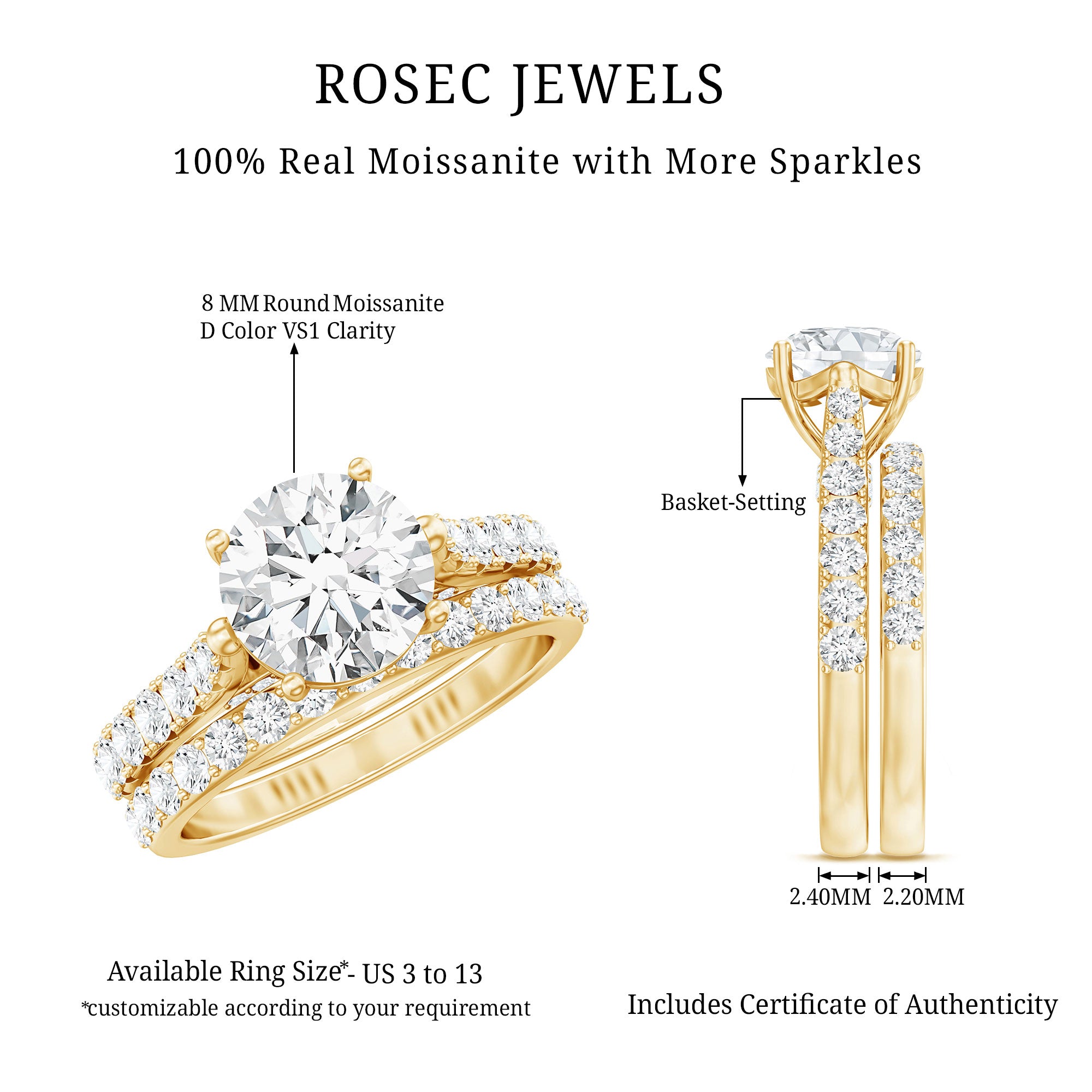 4 CT Moissanite Solitaire Engagement Ring Set With Eternity Band D-VS1 - Rosec Jewels