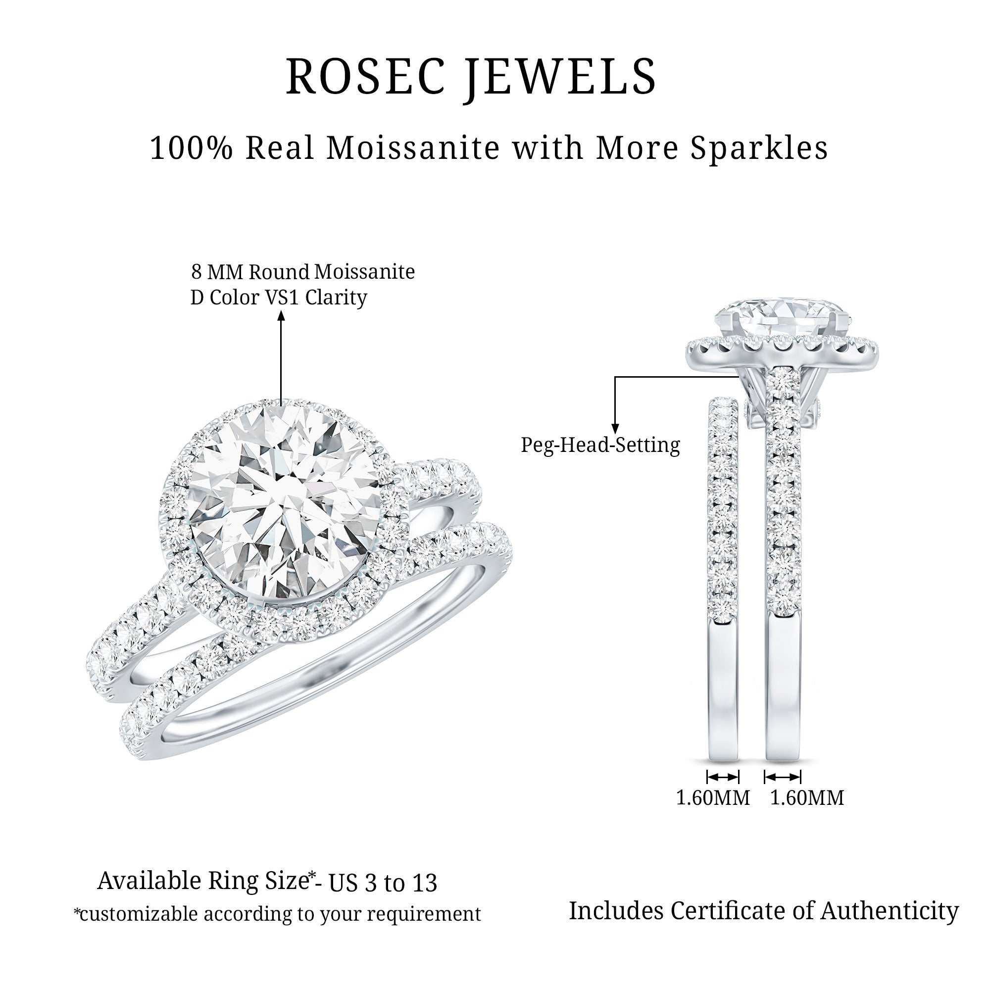 3 CT Moissanite Classic Wedding Ring Set D-VS1 - Rosec Jewels