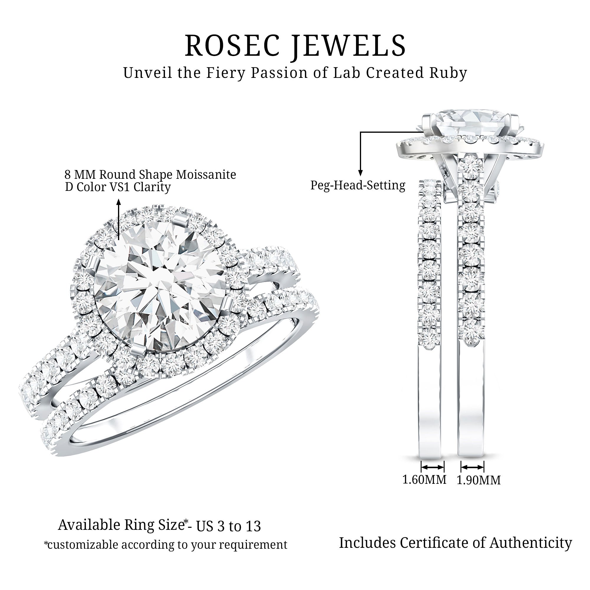 2 Carat Moissanite Classic Halo Wedding Ring Set D-VS1 - Rosec Jewels