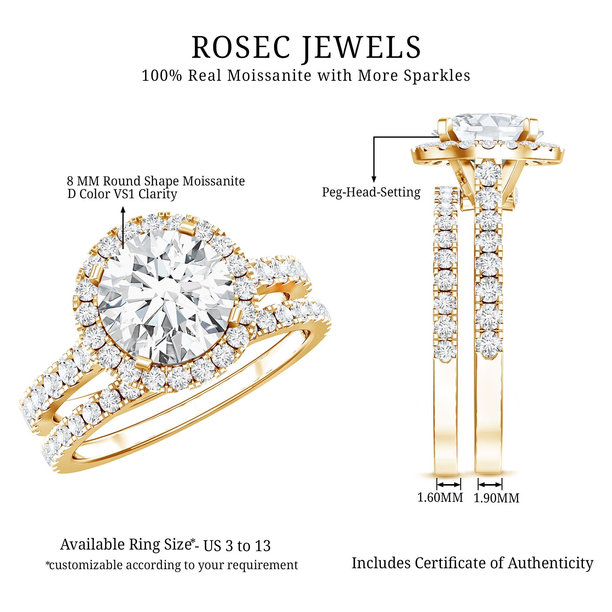 2 Carat Moissanite Classic Halo Wedding Ring Set D-VS1 - Rosec Jewels