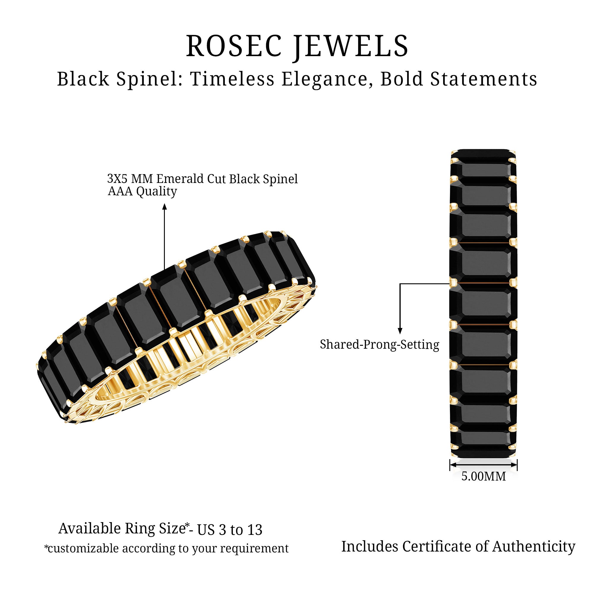 Emerald Cut Black Spinel Eternity Band AAA - Rosec Jewels