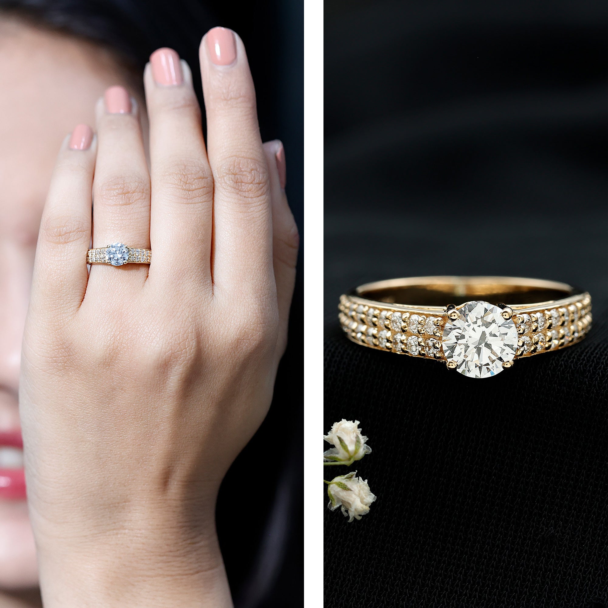 Round Moissanite Engagement Ring with Side Stones D-VS1 - Rosec Jewels