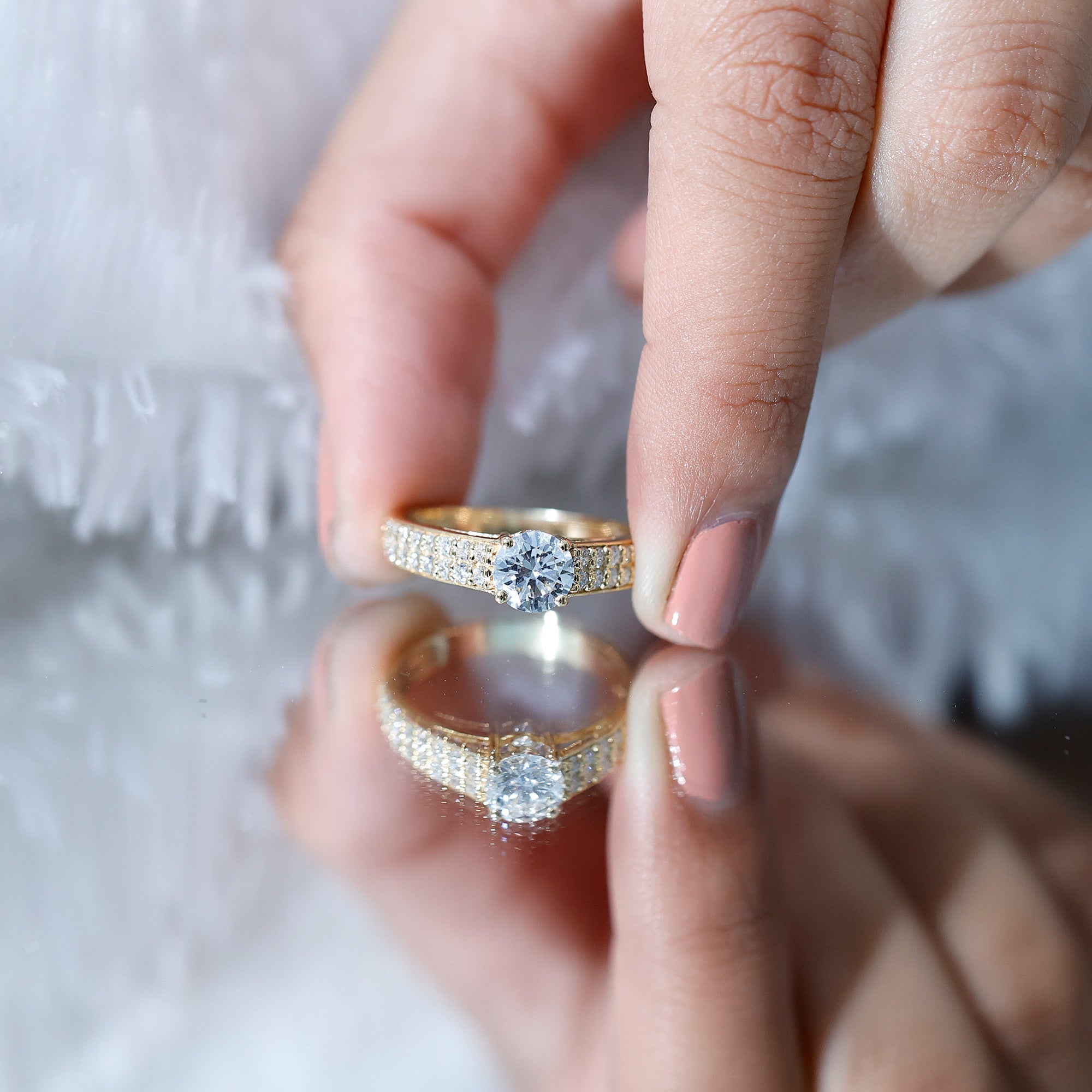Round Moissanite Engagement Ring with Side Stones D-VS1 - Rosec Jewels