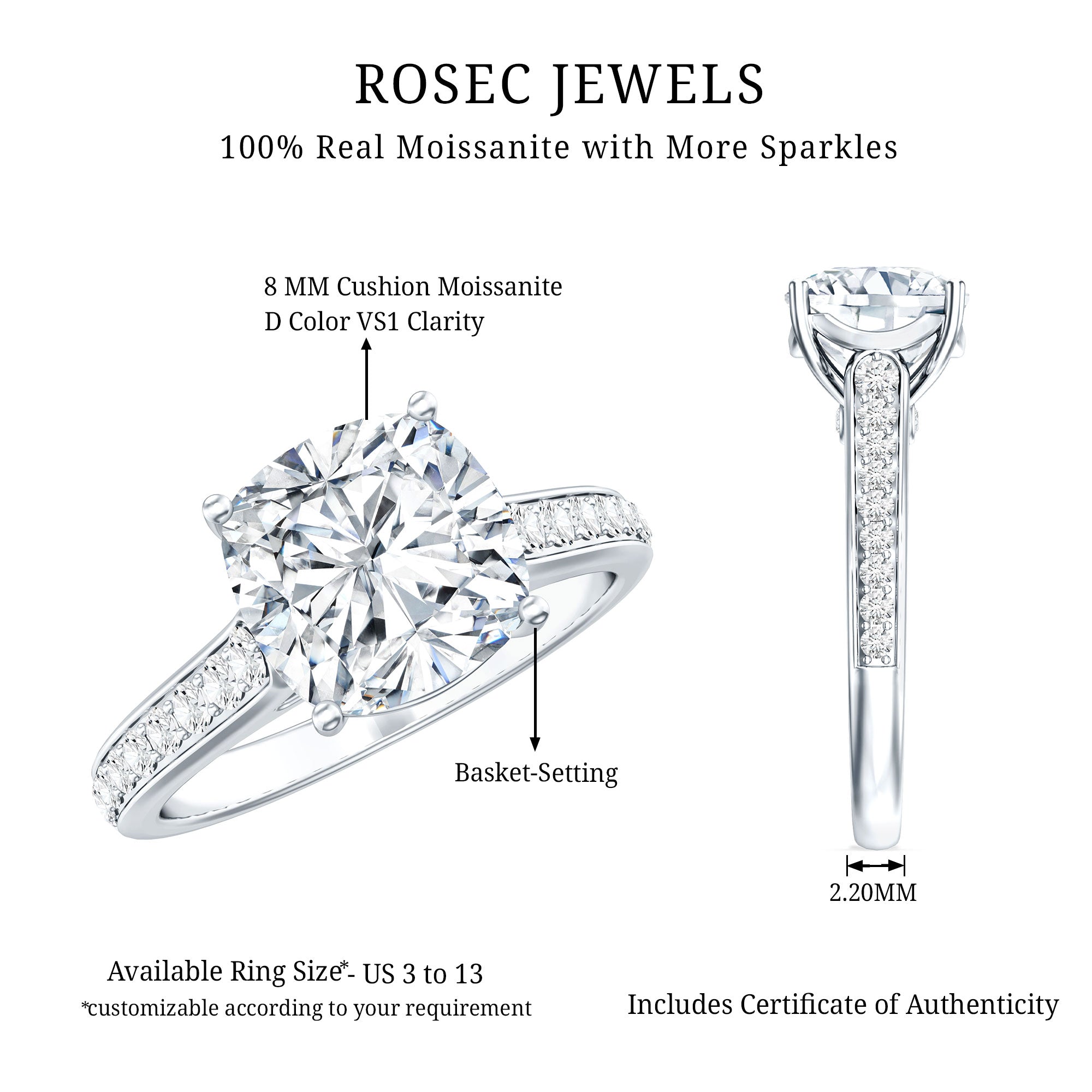 8 MM Cushion Moissanite Cathedral Engagement Ring D-VS1 - Rosec Jewels
