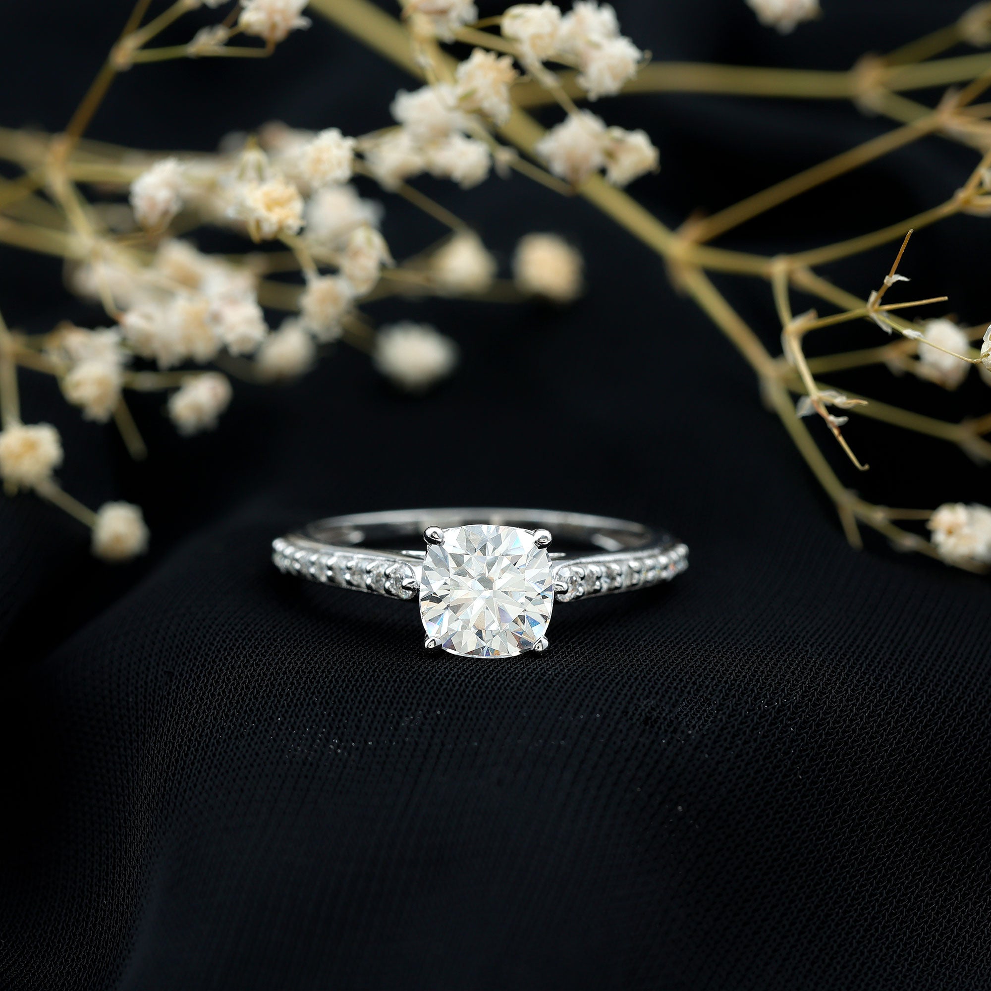 8 MM Cushion Moissanite Cathedral Engagement Ring D-VS1 - Rosec Jewels