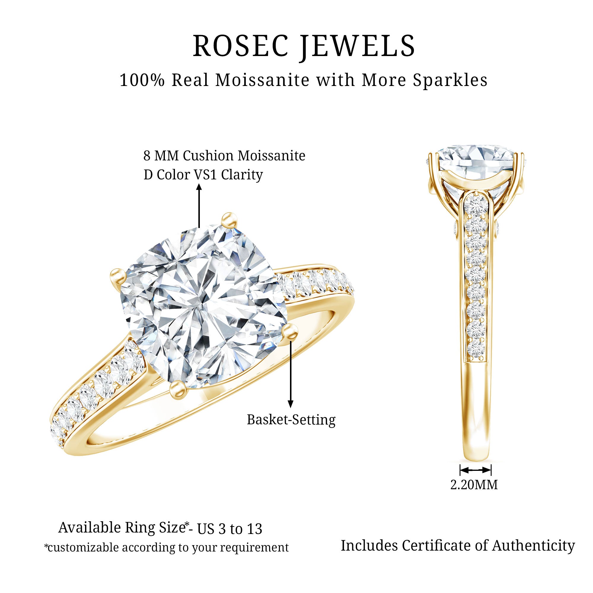 8 MM Cushion Moissanite Cathedral Engagement Ring D-VS1 - Rosec Jewels