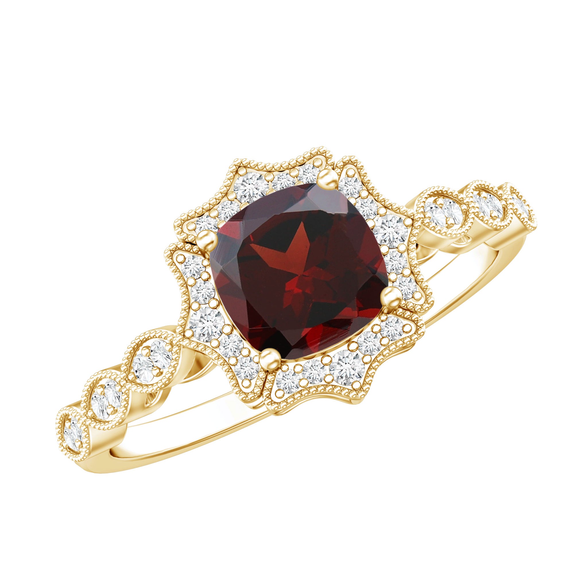 Vintage Looking 3.2 Carat Garnet Cushion Cut Engagement Ring with Diamond AAA - Rosec Jewels