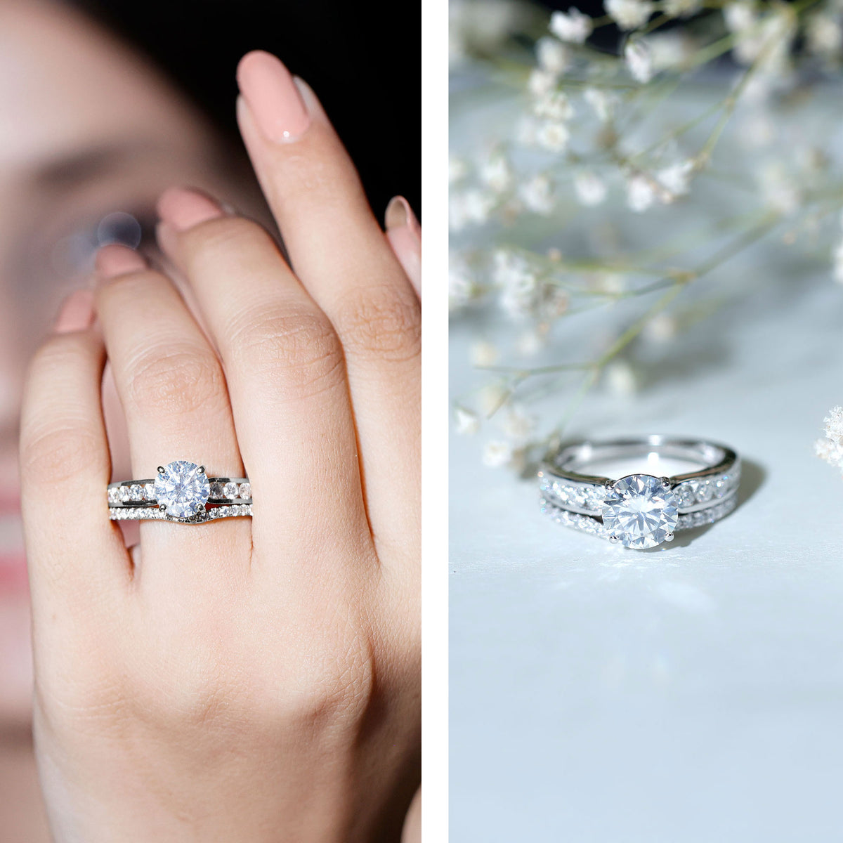 Certified 2 Carat Round Moissanite Engagement Ring with Wedding Band D-VS1 - Rosec Jewels