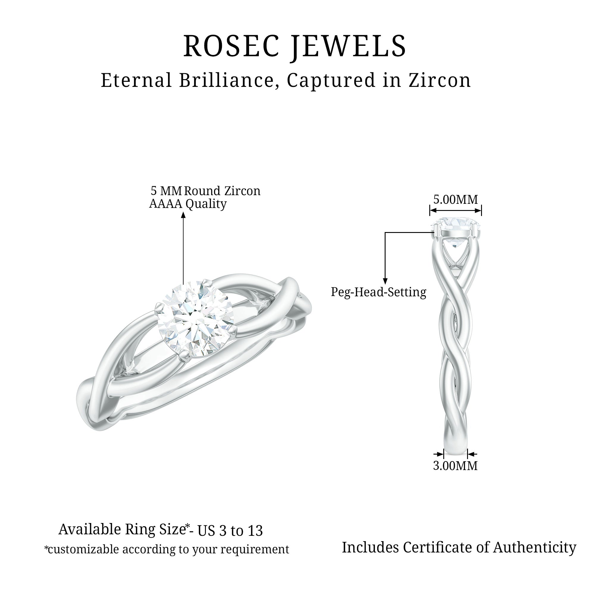 Certified Zircon Solitaire Ring with Crossover Shank AAAA - Rosec Jewels