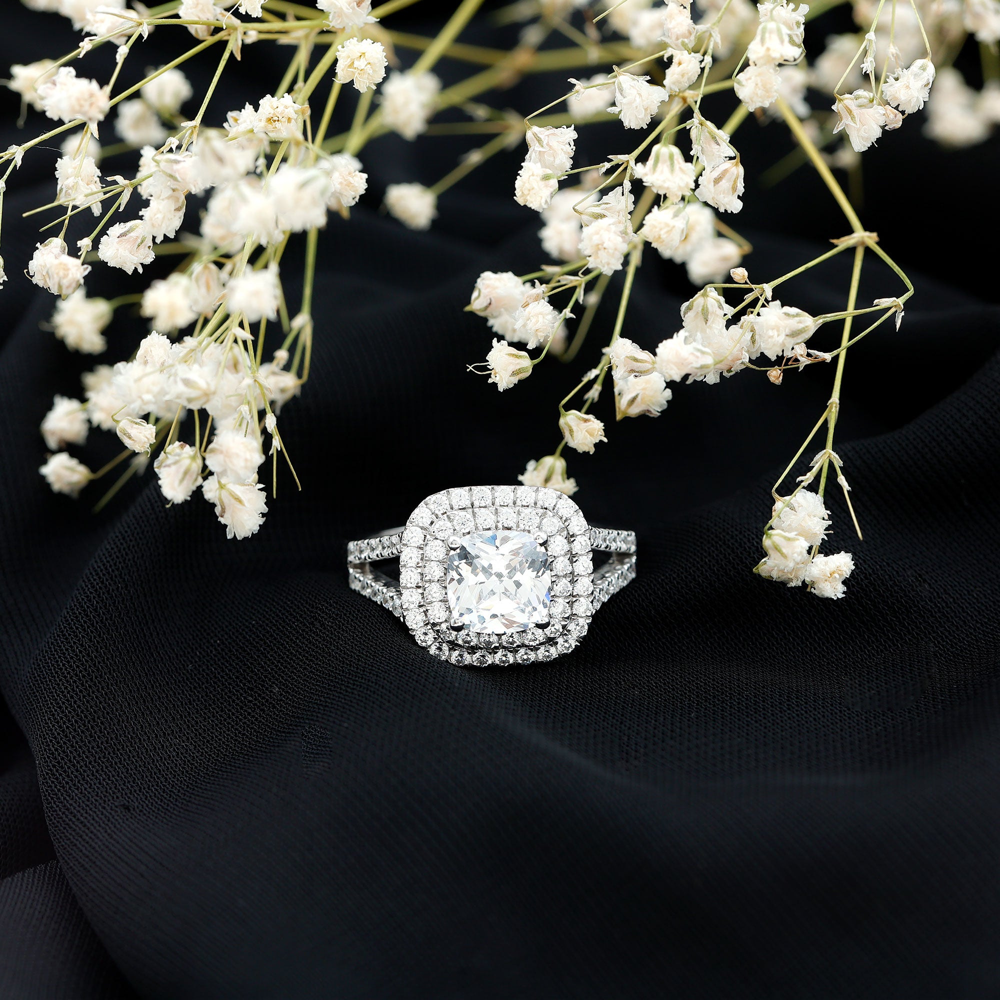 Certified Cushion Cut Moissanite Double Halo Engagement Ring D-VS1 - Rosec Jewels