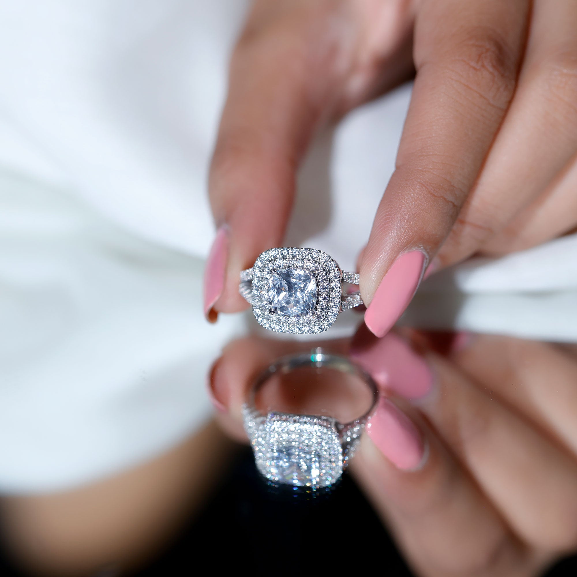 Certified Cushion Cut Moissanite Double Halo Engagement Ring D-VS1 - Rosec Jewels