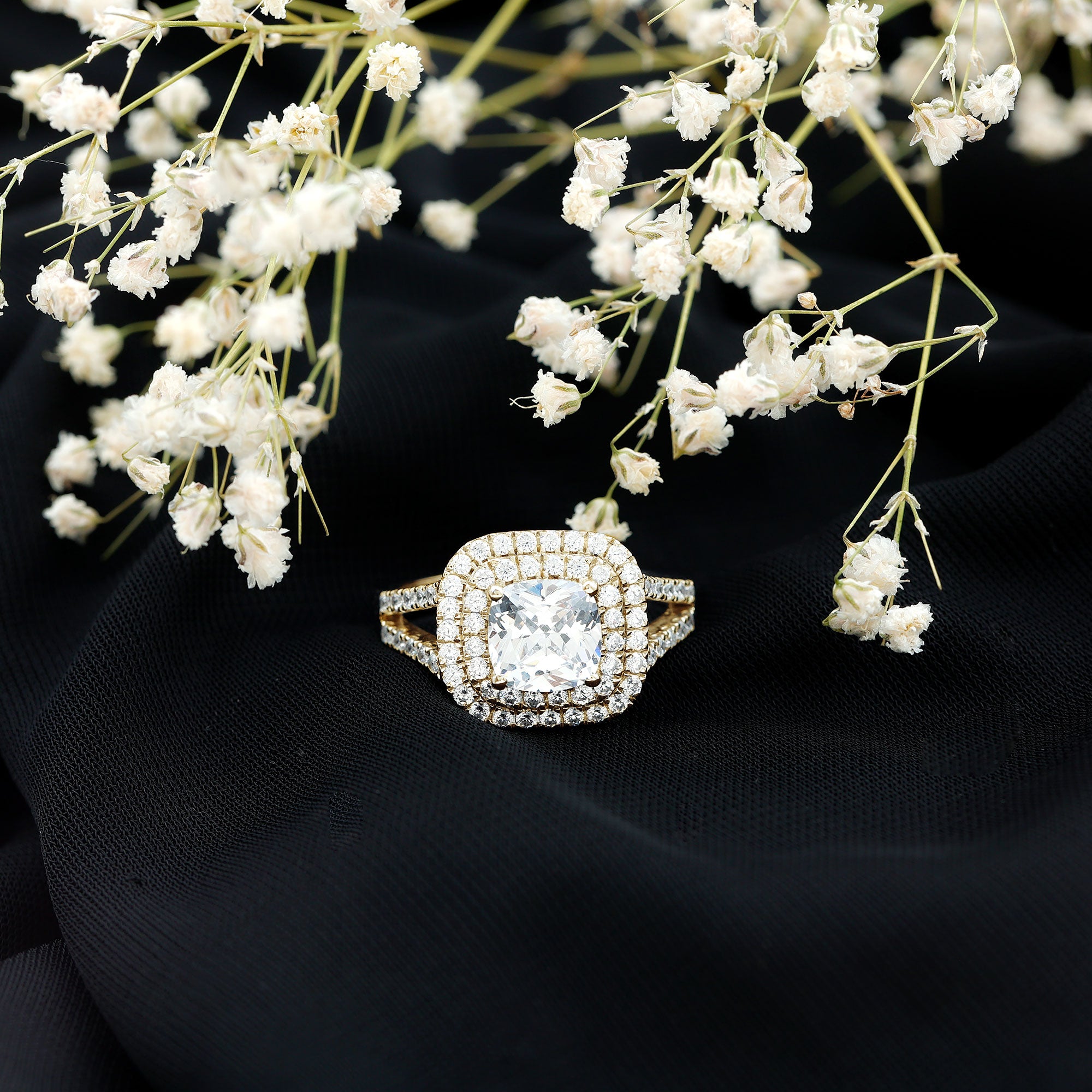 Certified Cushion Cut Moissanite Double Halo Engagement Ring D-VS1 - Rosec Jewels