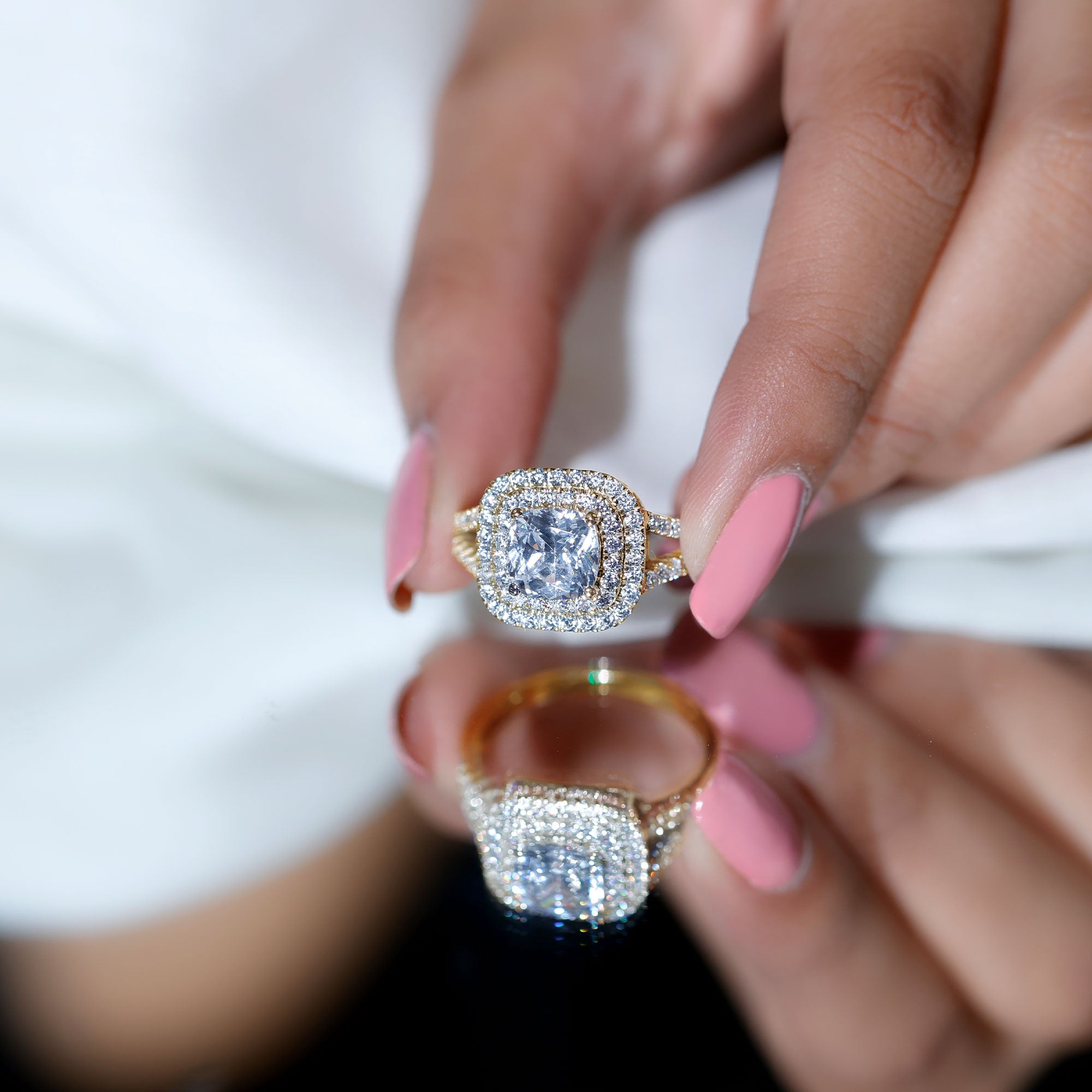 Certified Cushion Cut Moissanite Double Halo Engagement Ring D-VS1 - Rosec Jewels