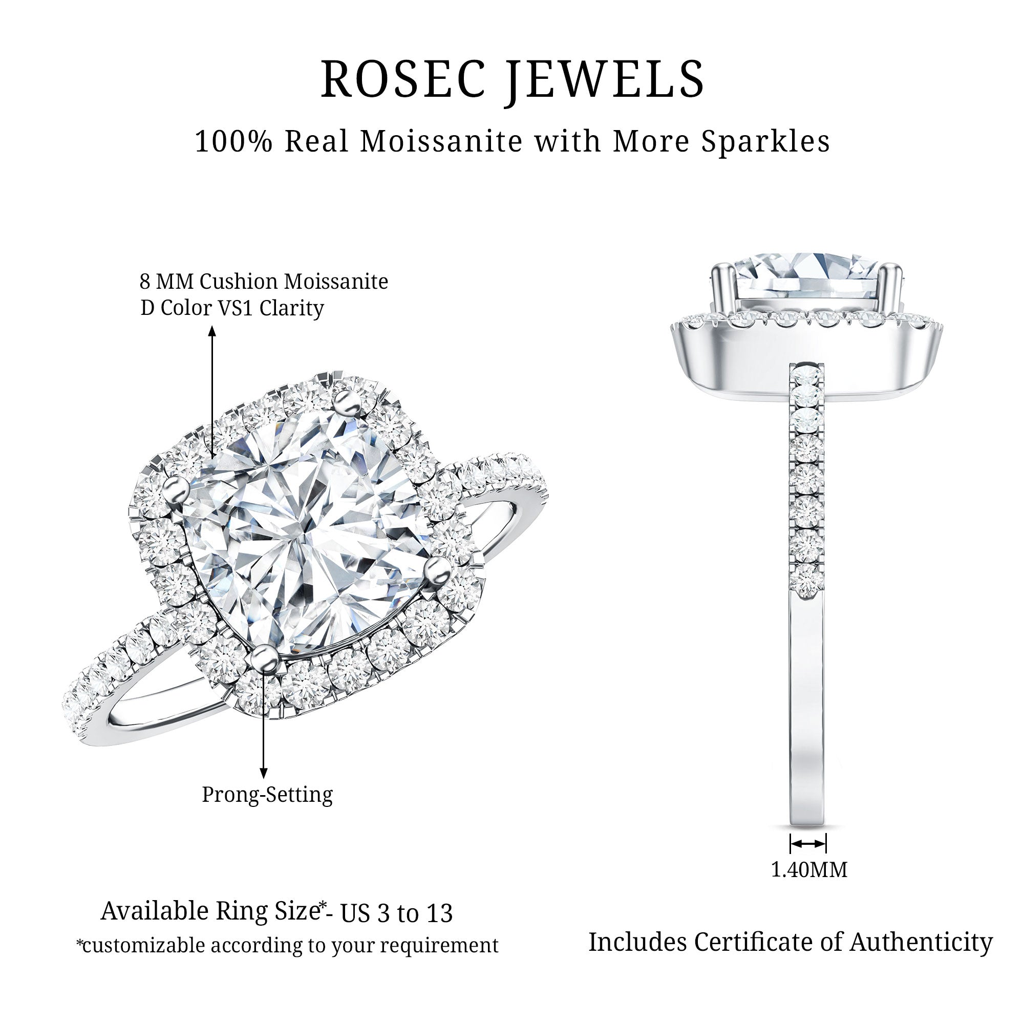3 Carat Cushion Cut Moissanite Halo Engagement Ring for Women D-VS1 - Rosec Jewels