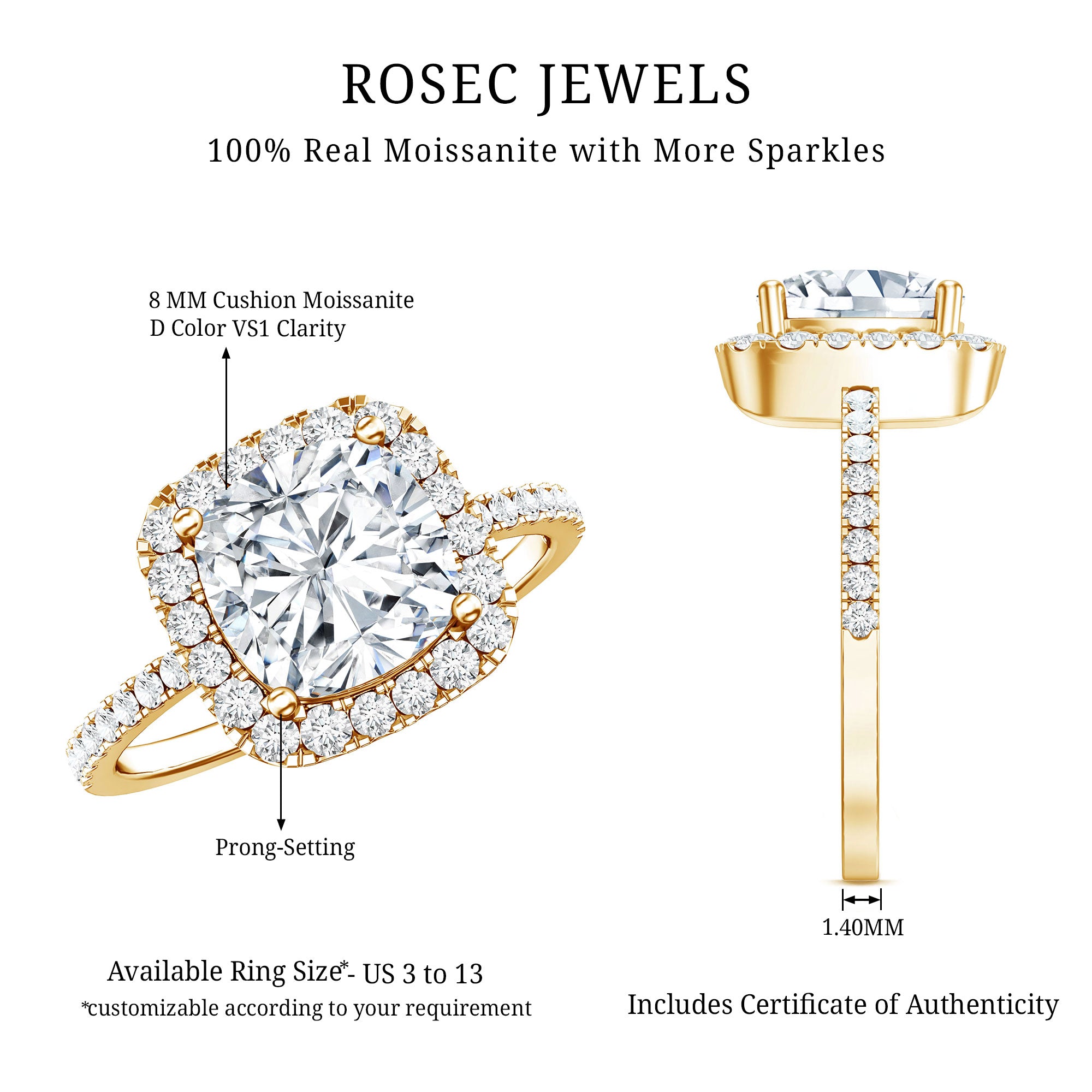 3 Carat Cushion Cut Moissanite Halo Engagement Ring for Women D-VS1 - Rosec Jewels