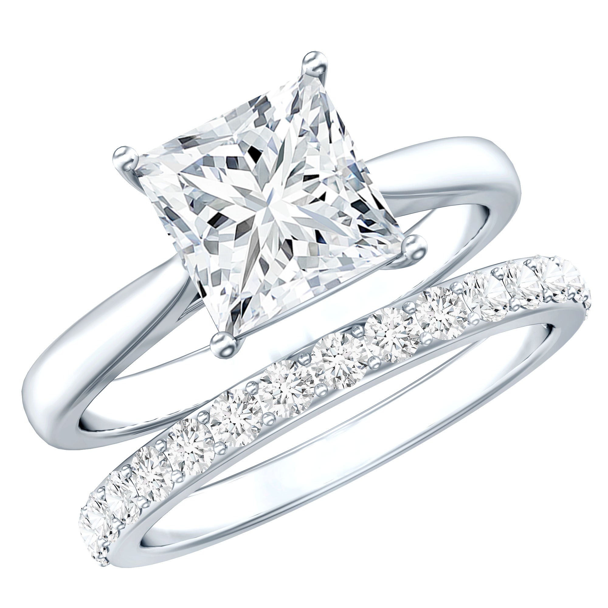 Certified Princess Cut Moissanite Solitaire Engagement Ring with Wedding Band