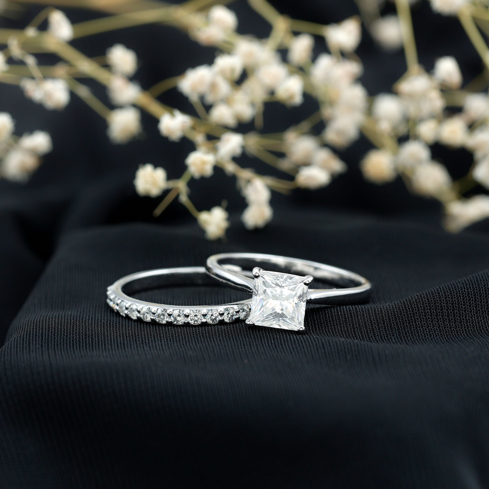 Certified 3 Carat Princess Cut Moissanite Engagement Ring with Wedding Band D-VS1 - Rosec Jewels