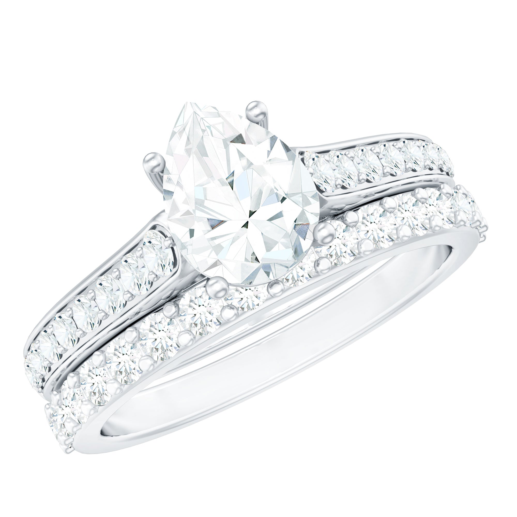 Certified Moissanite Pear Shaped Engagement Ring with Wedding Band
