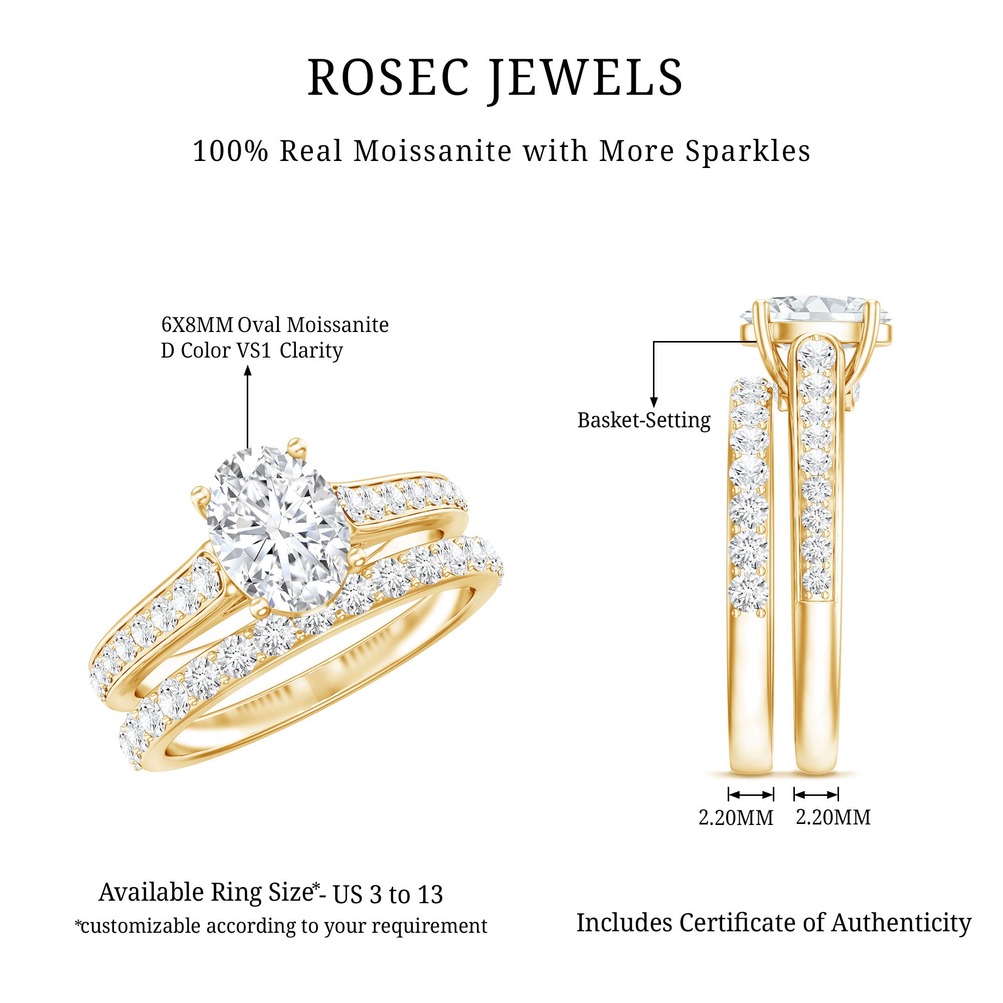 Certified Moissanite Oval Engagement Ring Set D-VS1 - Rosec Jewels