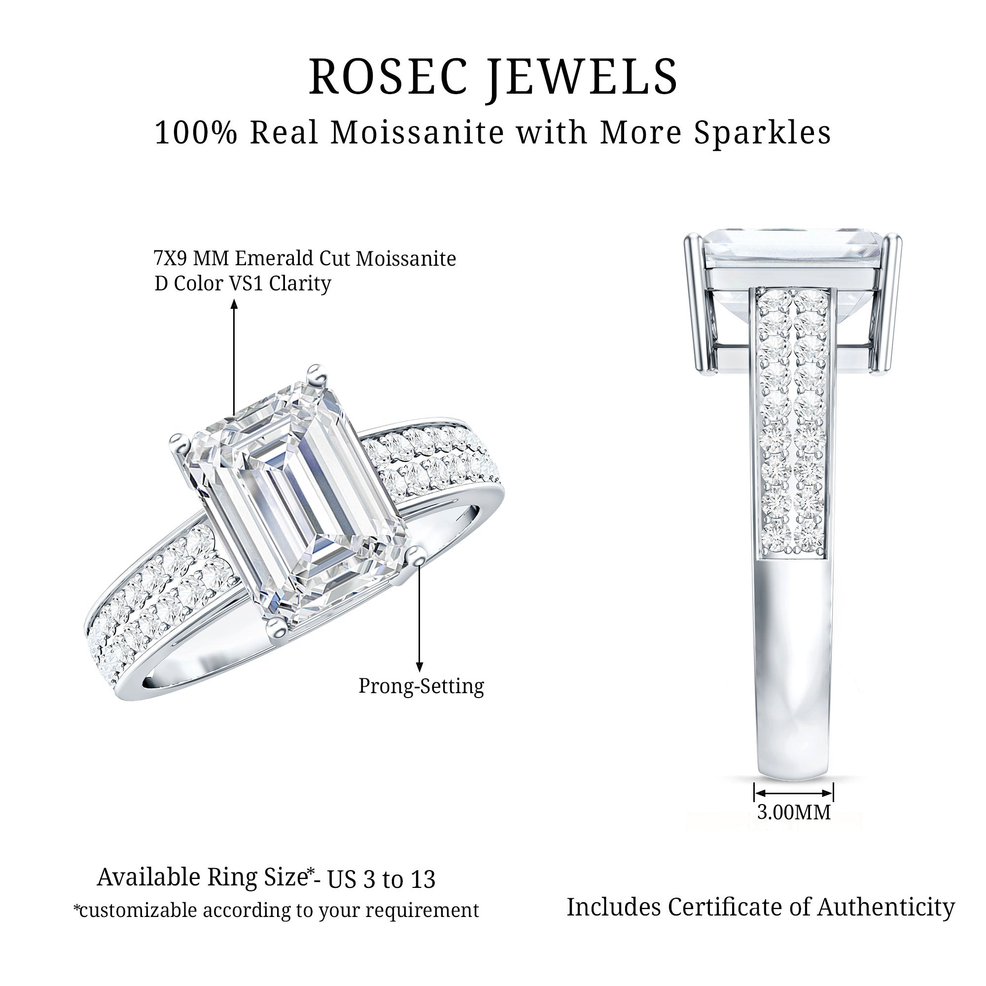 Emerald Cut Moissanite Big Engagement Ring D-VS1 - Rosec Jewels