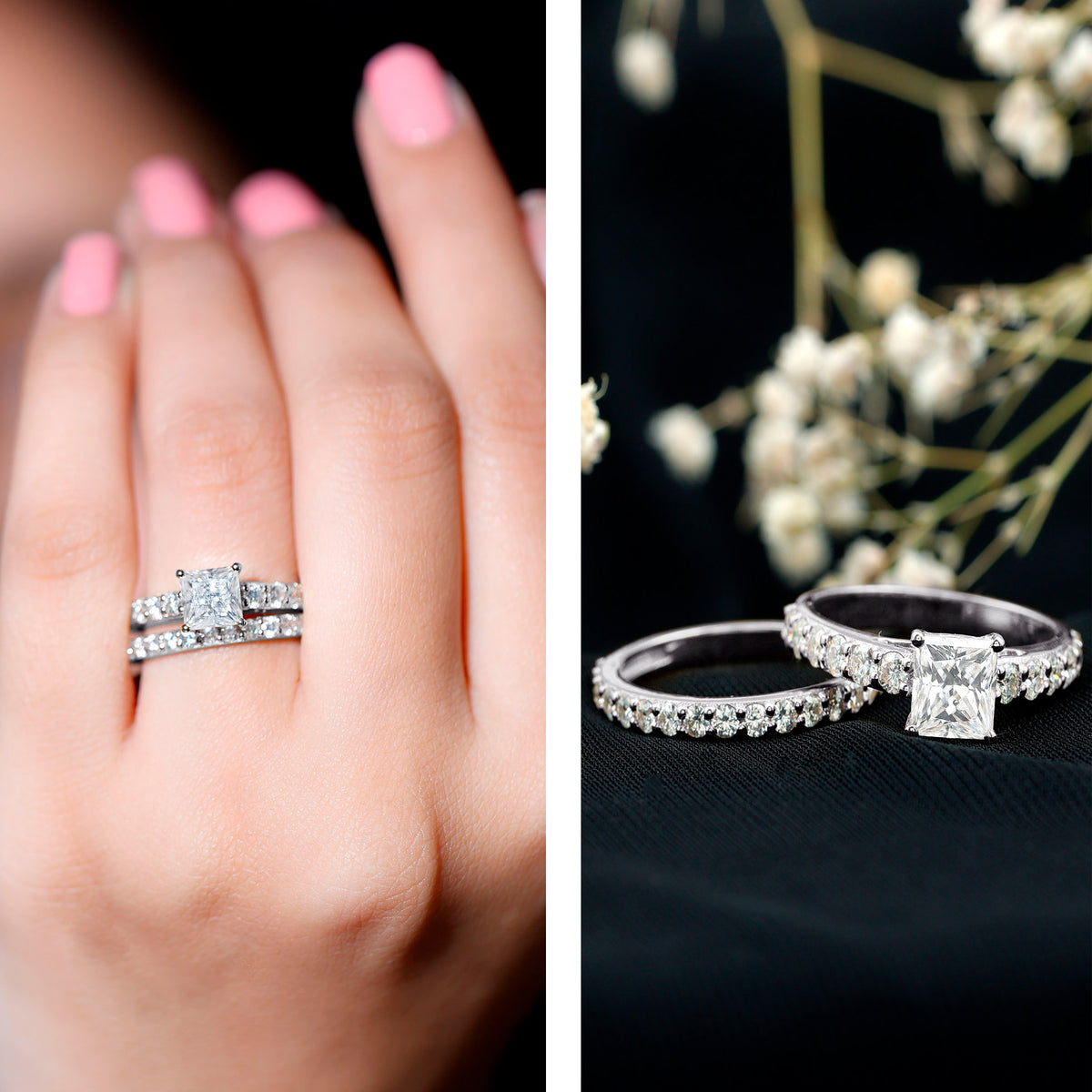 Princess Cut Moissanite Engagement Ring with Wedding Band D-VS1 - Rosec Jewels