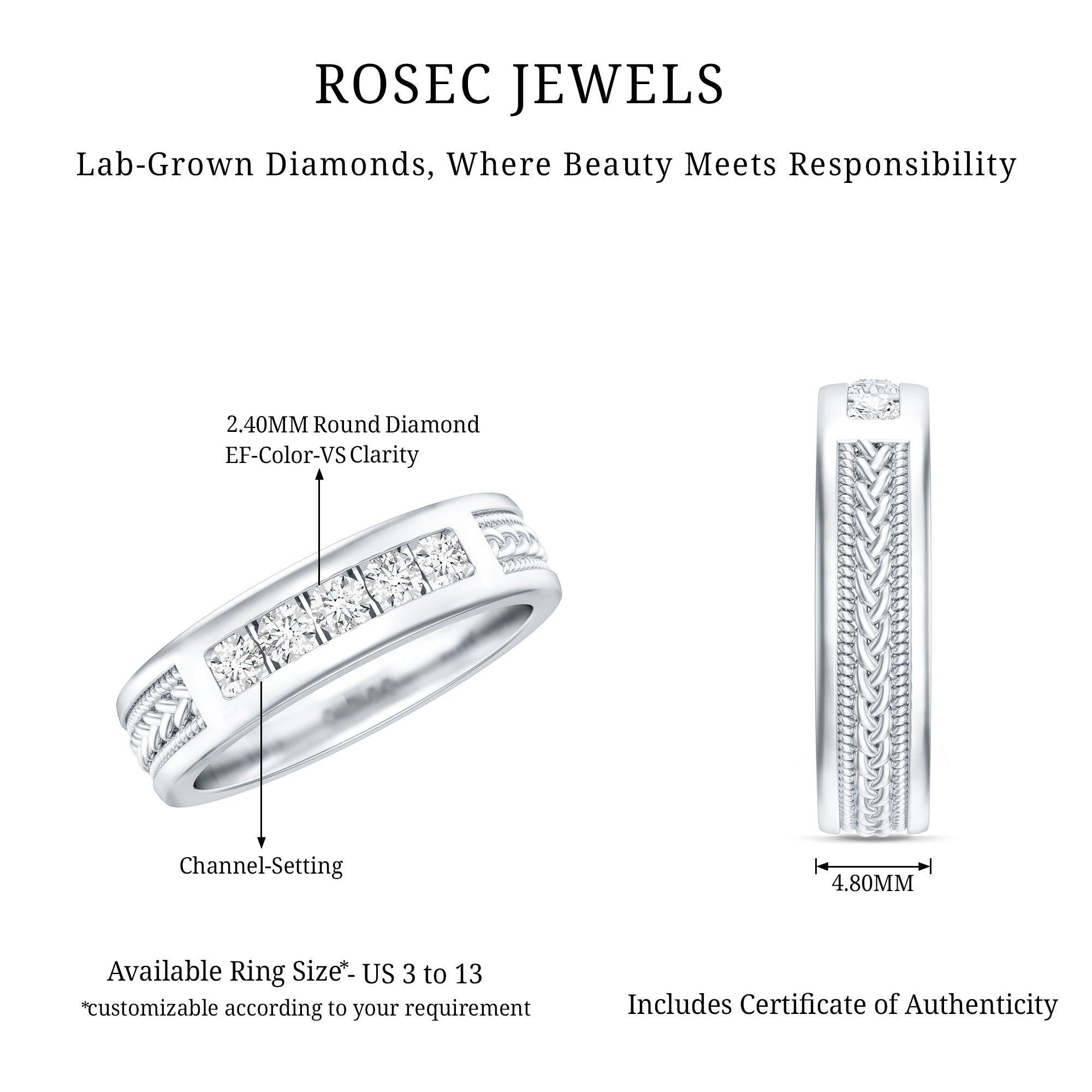 Lab Grown Diamond Mens Wedding Band Ring Lab - ( EF-VS ) - Rosec Jewels