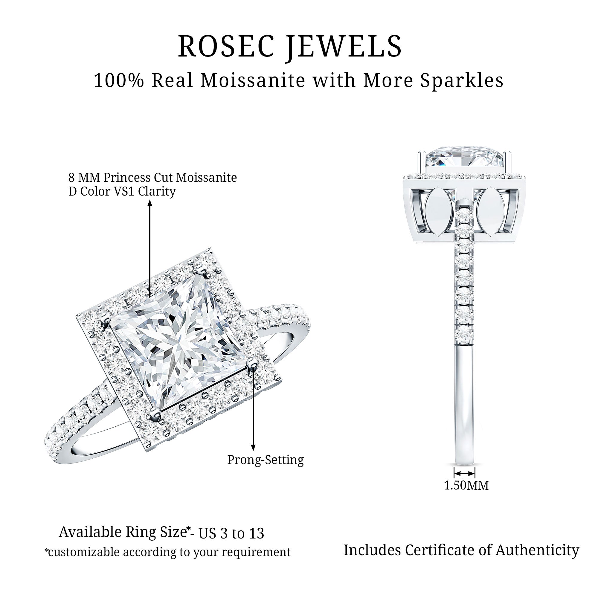 3 CT Princess Cut Moissanite Halo Engagement Ring D-VS1 - Rosec Jewels