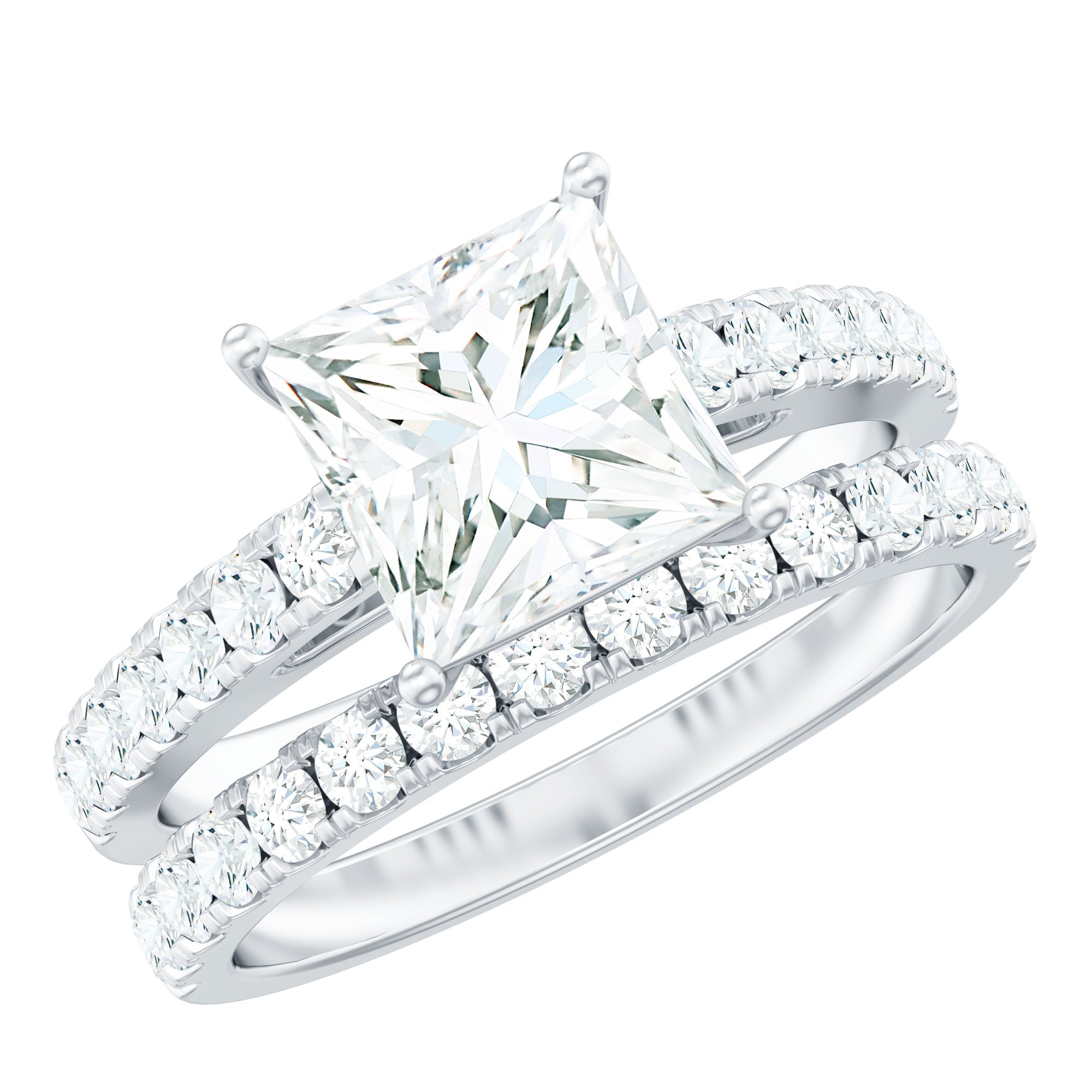 8 MM Certified Moissanite Princess Cut Engagement Ring With Wedding Band