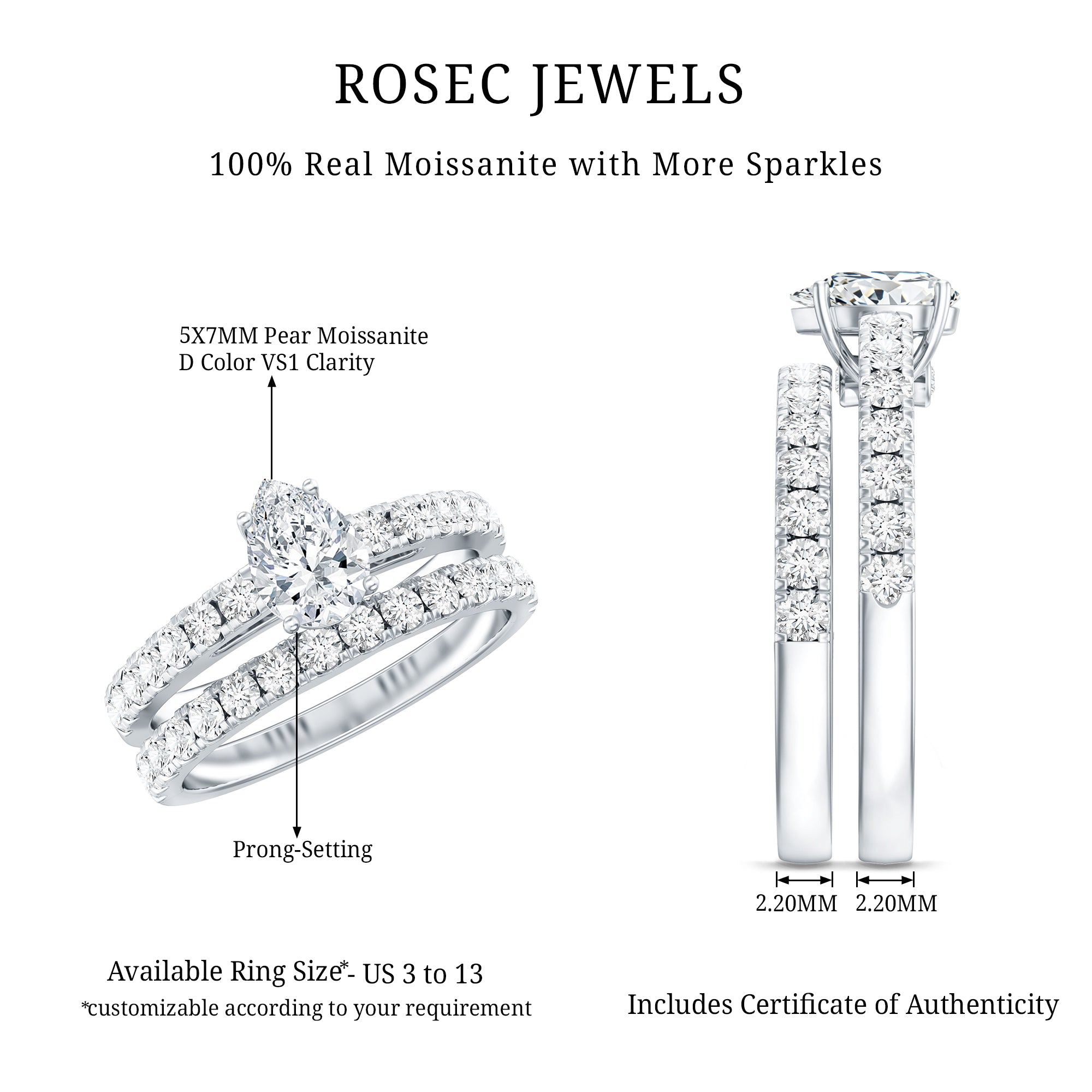 Pear Shaped Moissanite Engagement Ring with Wedding Band D-VS1 - Rosec Jewels