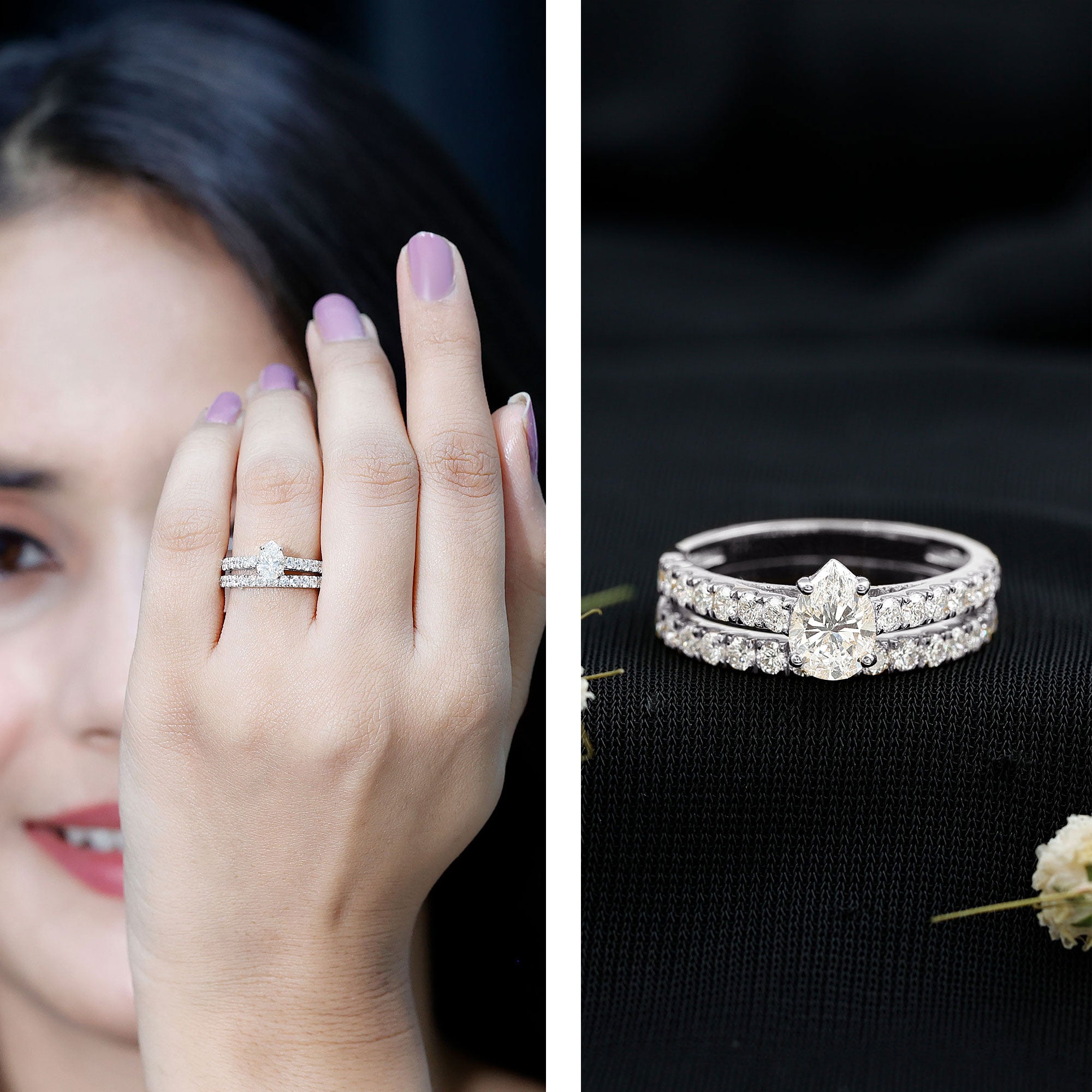 Pear Shaped Moissanite Engagement Ring with Wedding Band D-VS1 - Rosec Jewels