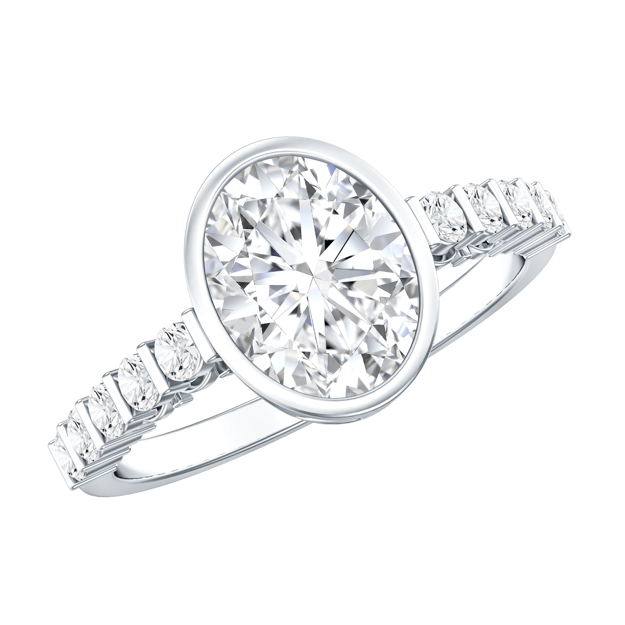 Bague de fiançailles solitaire moissanite de forme ovale avec pierres latérales