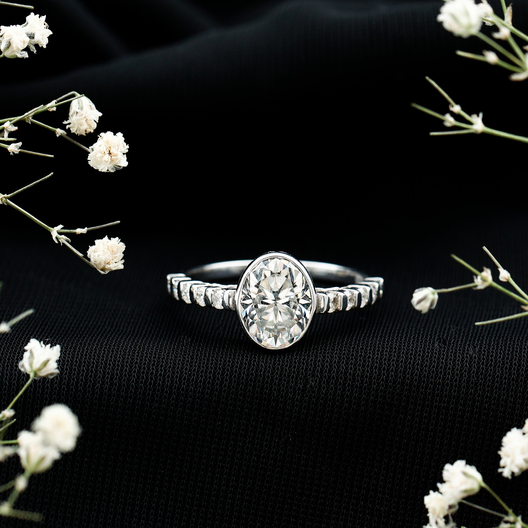 Bezel Set Moissanite Oval Engagement Ring with Side Stones D-VS1 - Rosec Jewels