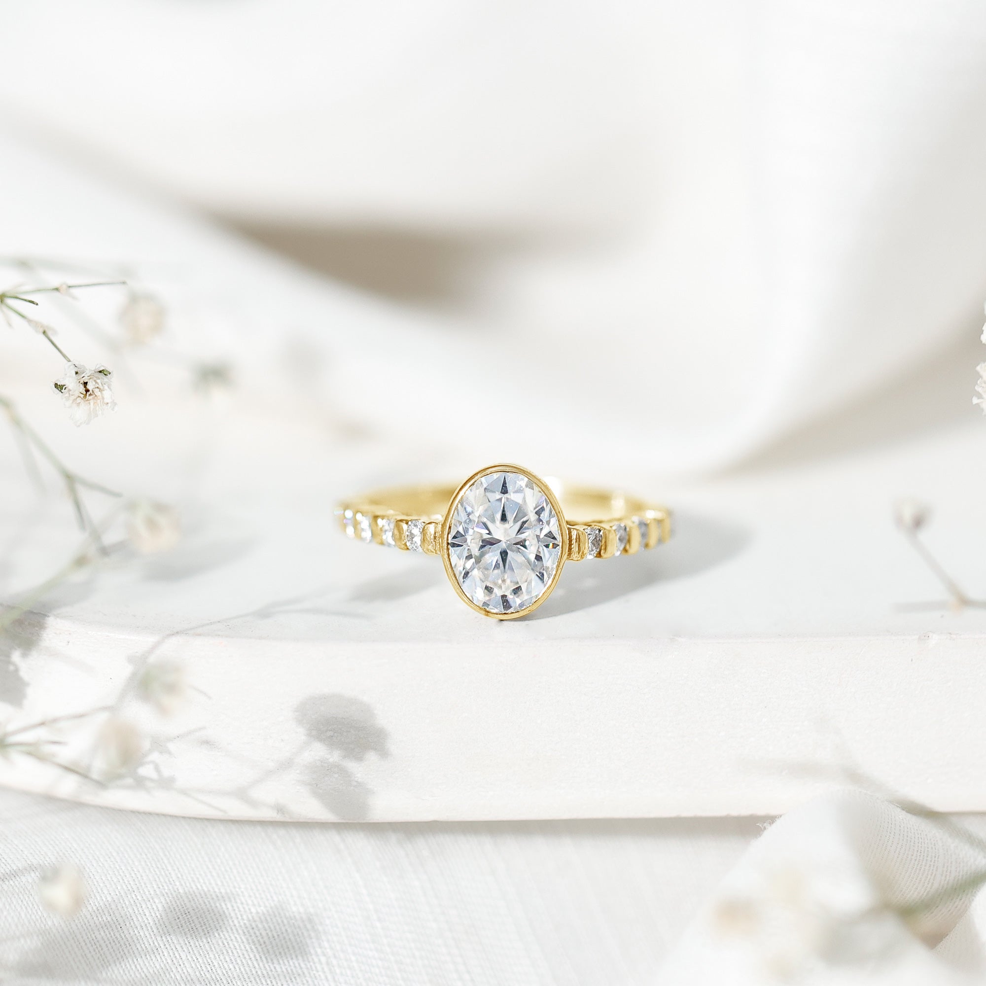 Bezel Set Moissanite Oval Engagement Ring with Side Stones D-VS1 - Rosec Jewels