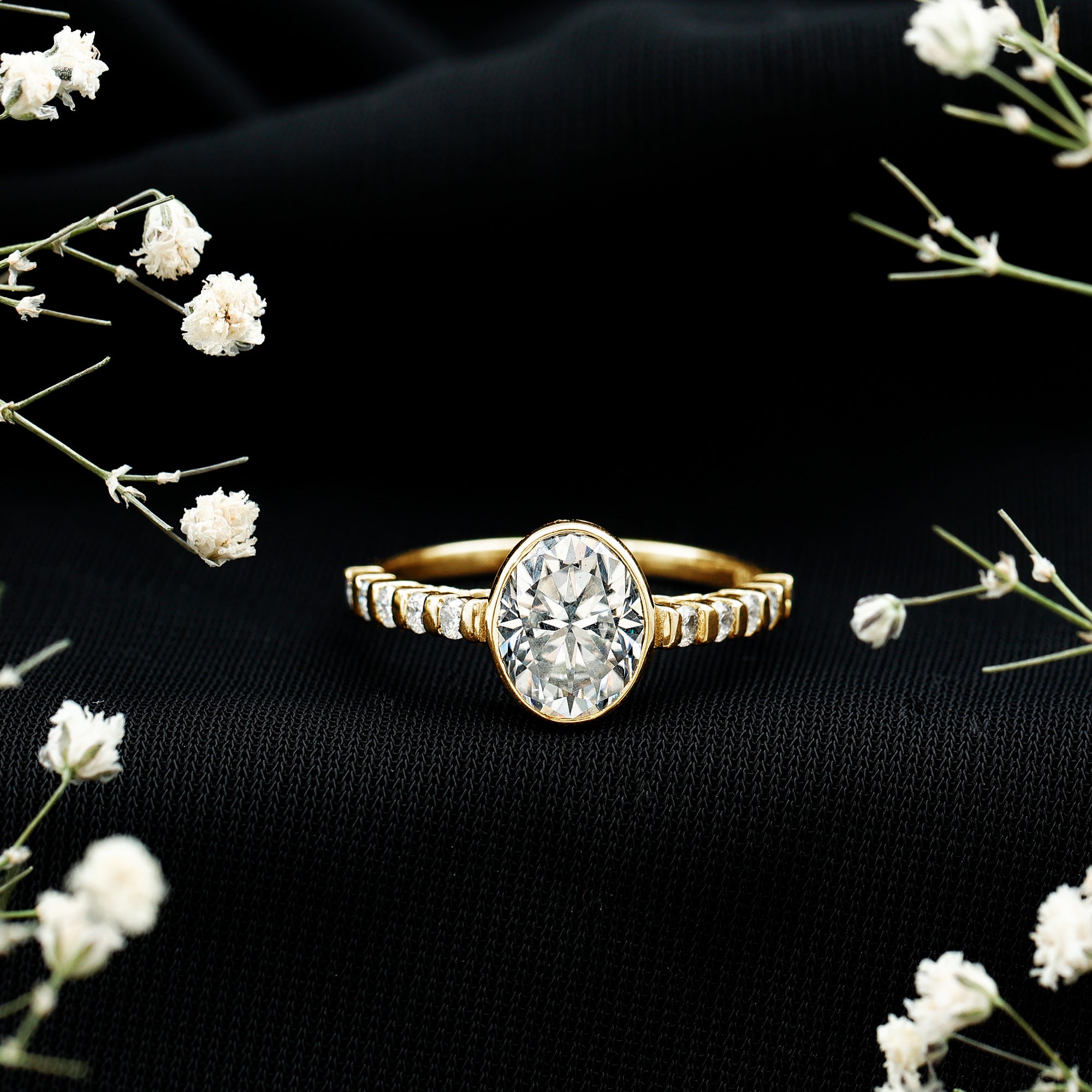 Bezel Set Moissanite Oval Engagement Ring with Side Stones D-VS1 - Rosec Jewels