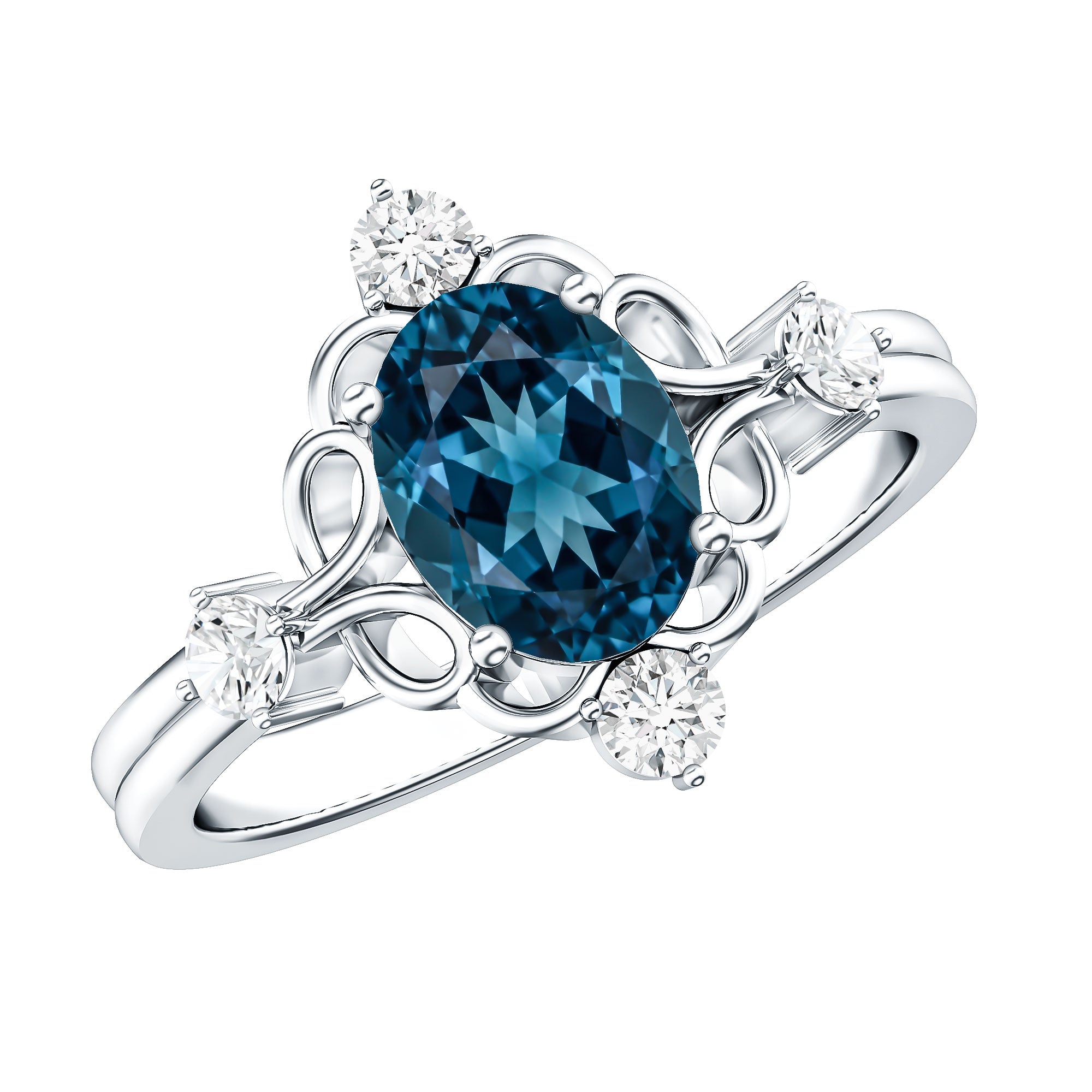 Art Deco Inspired Blue Topaz Oval Engagement Ring with Diamond AAA - Rosec Jewels