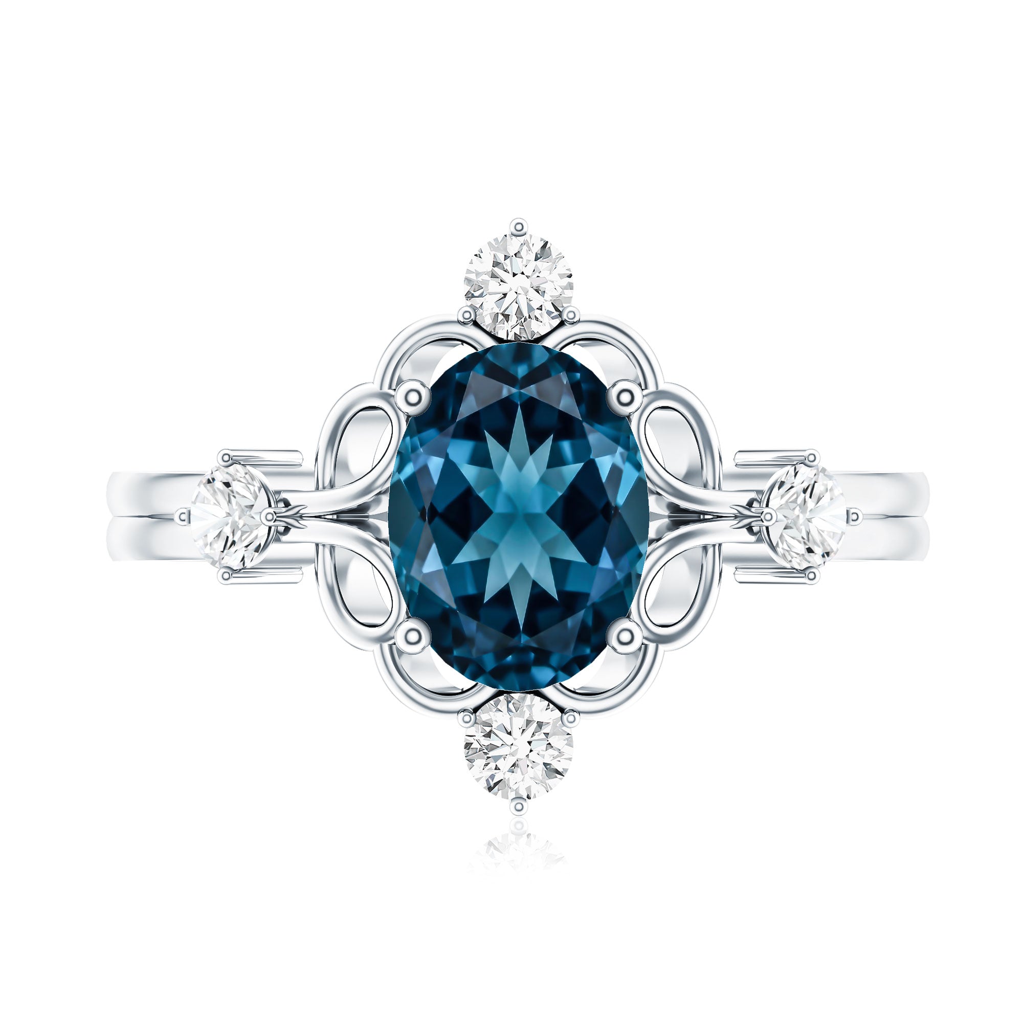 Art Deco Inspired Blue Topaz Oval Engagement Ring with Diamond AAA - Rosec Jewels